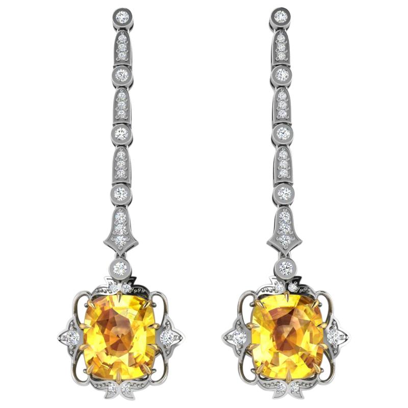 20 Ctw Natural Unheated GIA Yellow Sapphire Art Deco Look Earrings, Ben Dannie For Sale