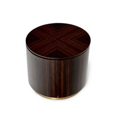20" Diameter Round Bedside Table in Amara Ebony Veneer Wood & Brass Footer