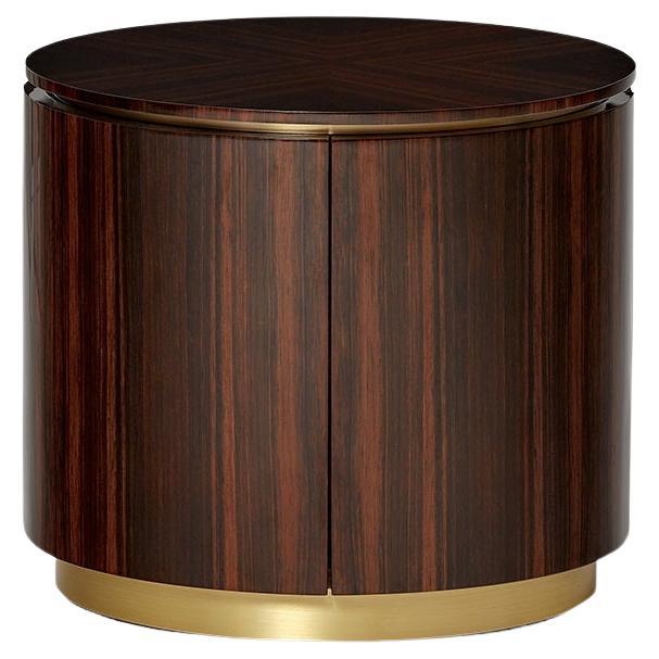 20" Diameter Round Bedside Table in Amara Ebony Veneer Wood & Brass Footer