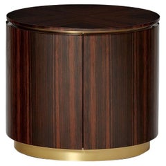 20" Diameter Round Bedside Table in Amara Ebony Veneer Wood & Brass Footer