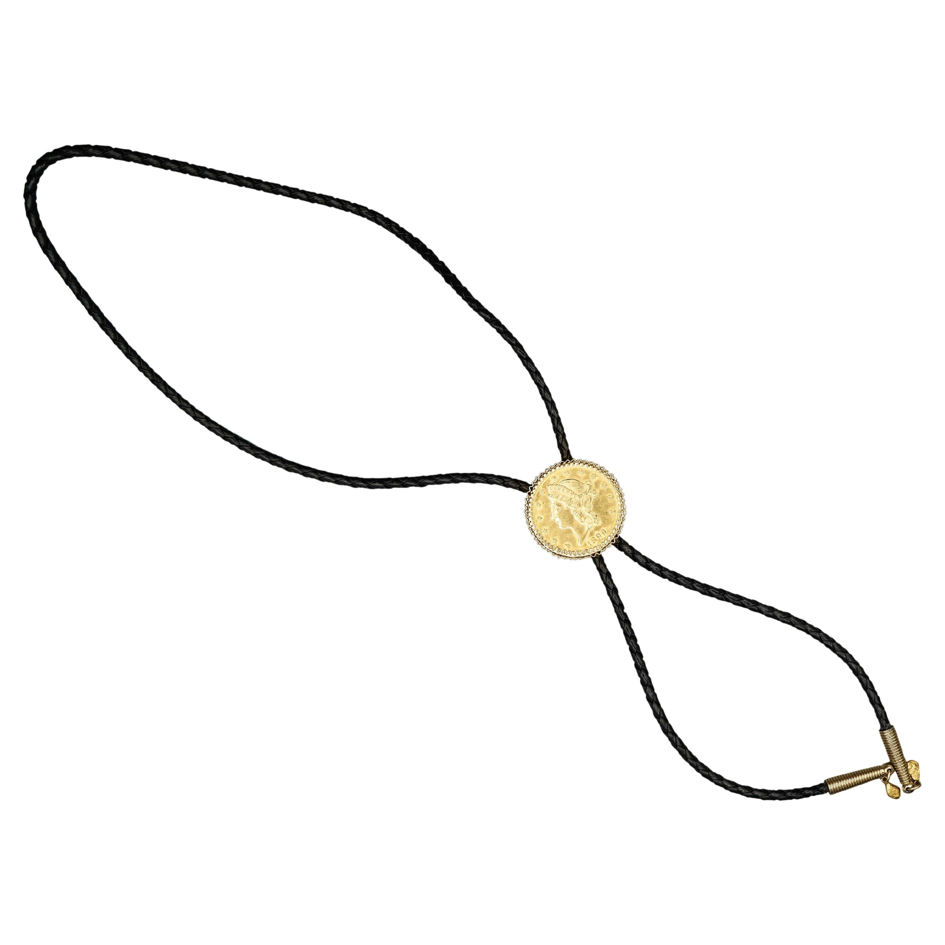20 Dollar Lady Liberty 24k Gold Coin Alaskan Bolo Tie with Gold Nugget Tips