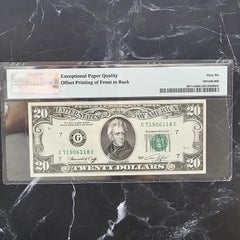 $20 Federal Reserve Note Chicago Offset Printing Error front to back PMG 66 EPQ