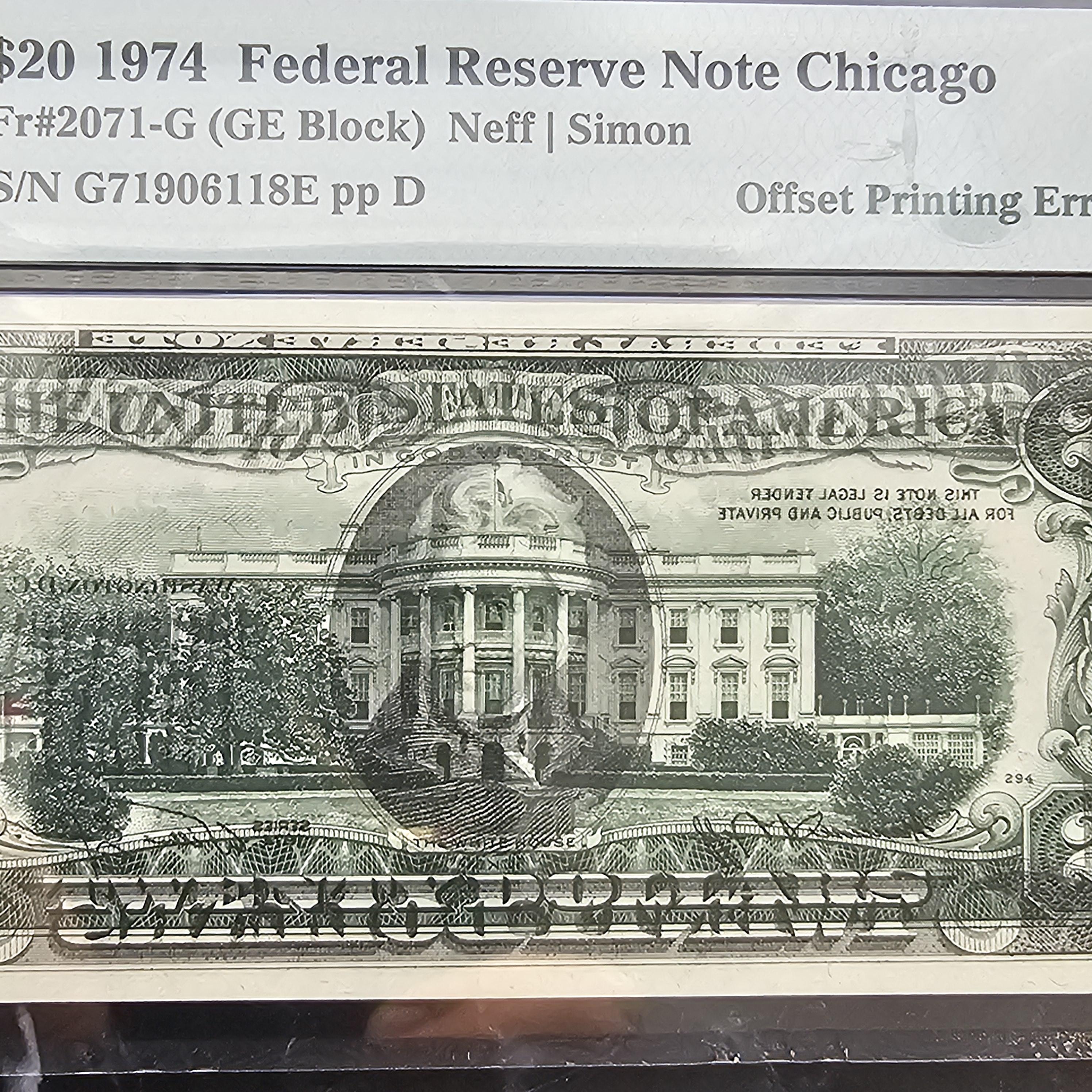Note Offset $20 Federal Reserve Note Chicago Offset Printing Error front to back ...