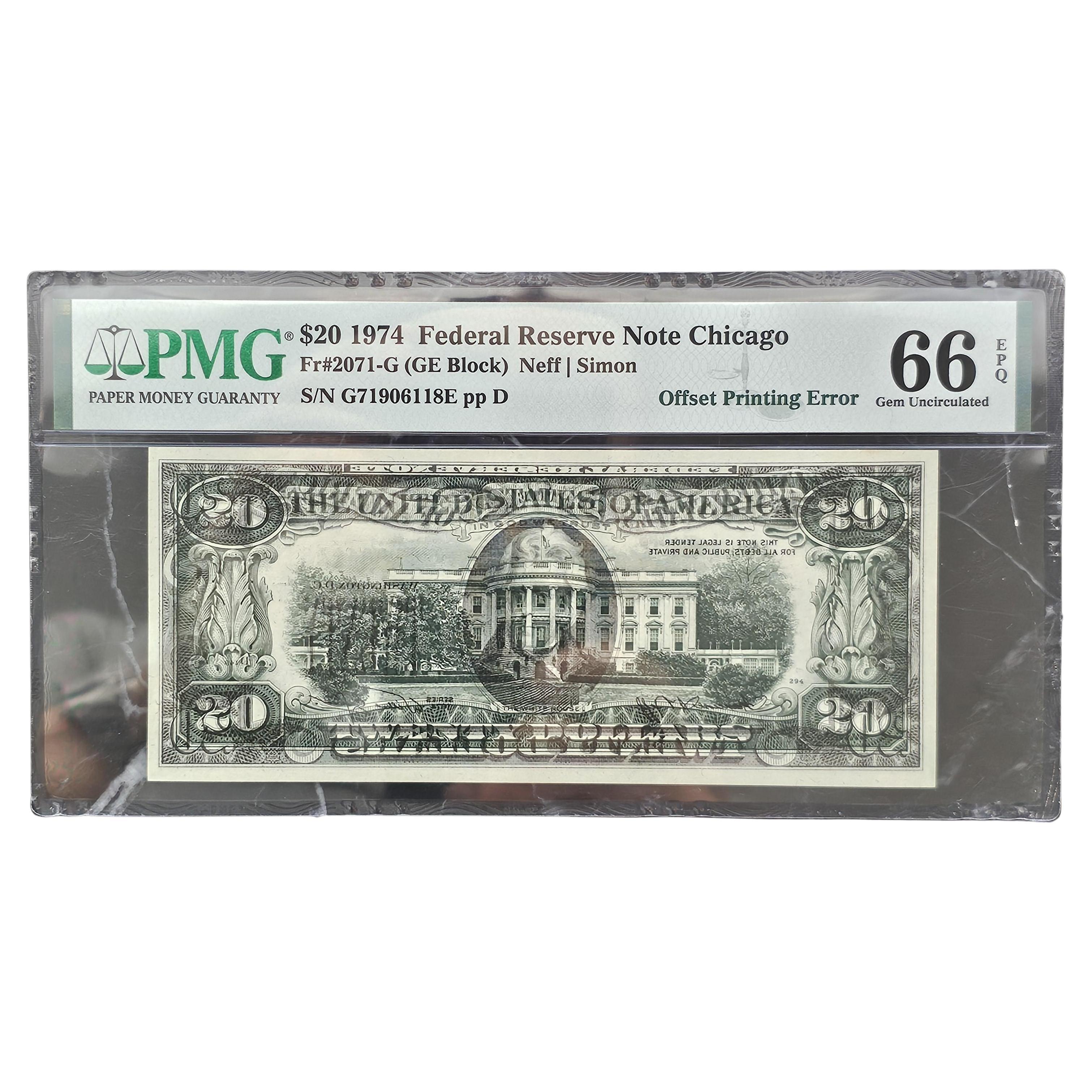 $20 Federal Reserve Note Chicago Offset Printing Error front to back PMG 66 EPQ