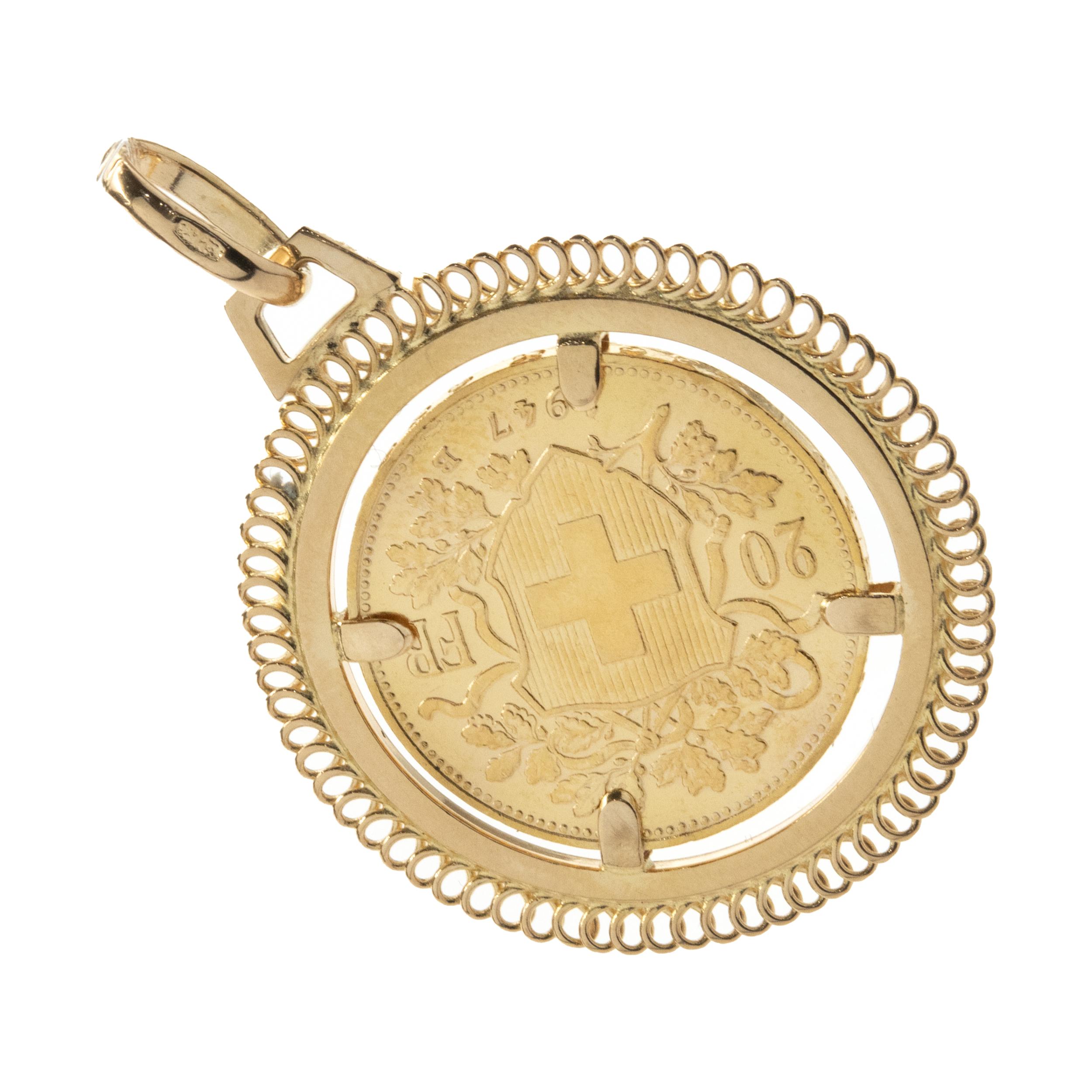 20 French Franc Coin in 14 Karat Yellow Gold Bezel In Excellent Condition In Scottsdale, AZ