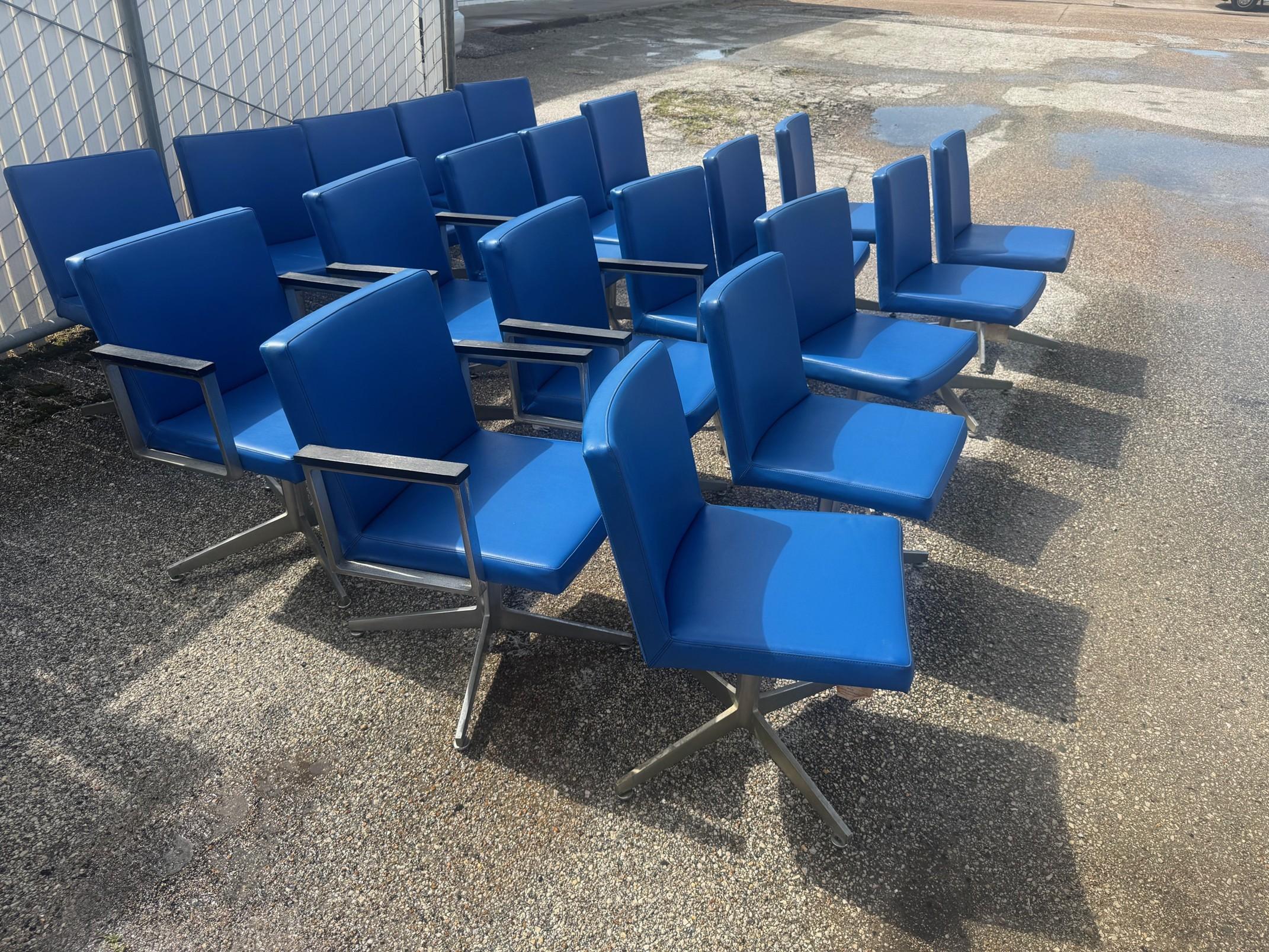 Mid-Century Modern 20 General Fireproofing Blue Vinyl and Aluminum Swivel Chairs For Sale
