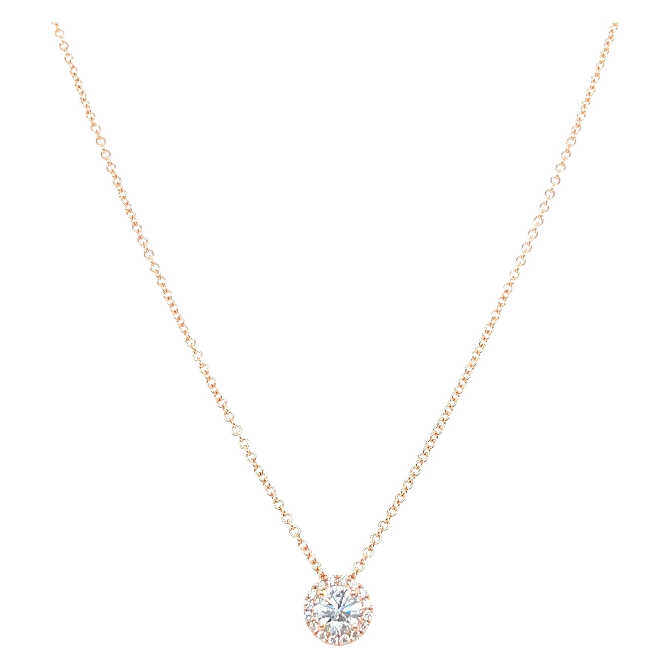 14k Rose Gold 0.90 Carat Round Cut Diamond Solitaire Pendant Necklace For Sale
