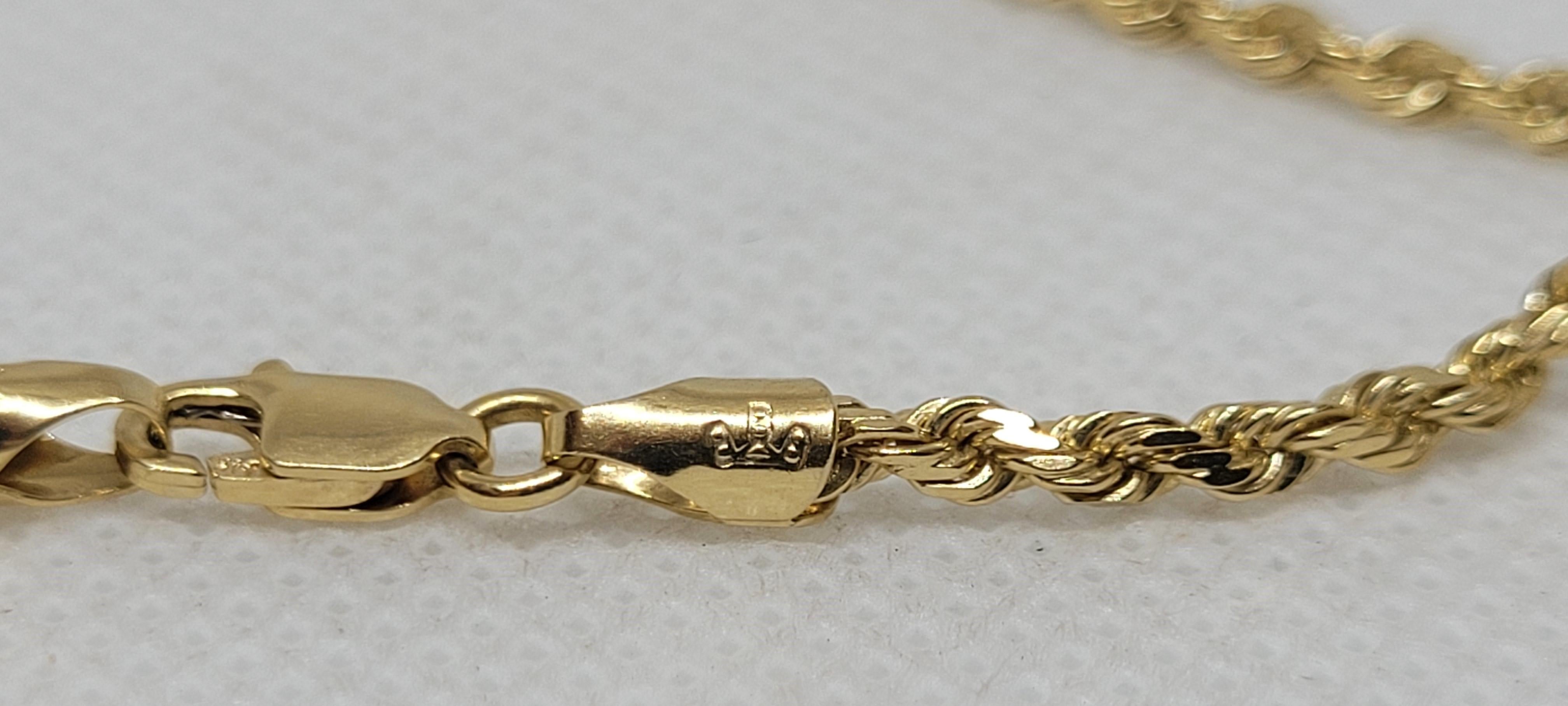 Modern 20 Inch 14kt Yellow Gold Rope Chain, 2.2mm, BBB Stamp, Lobster Clasp, 10 Grams