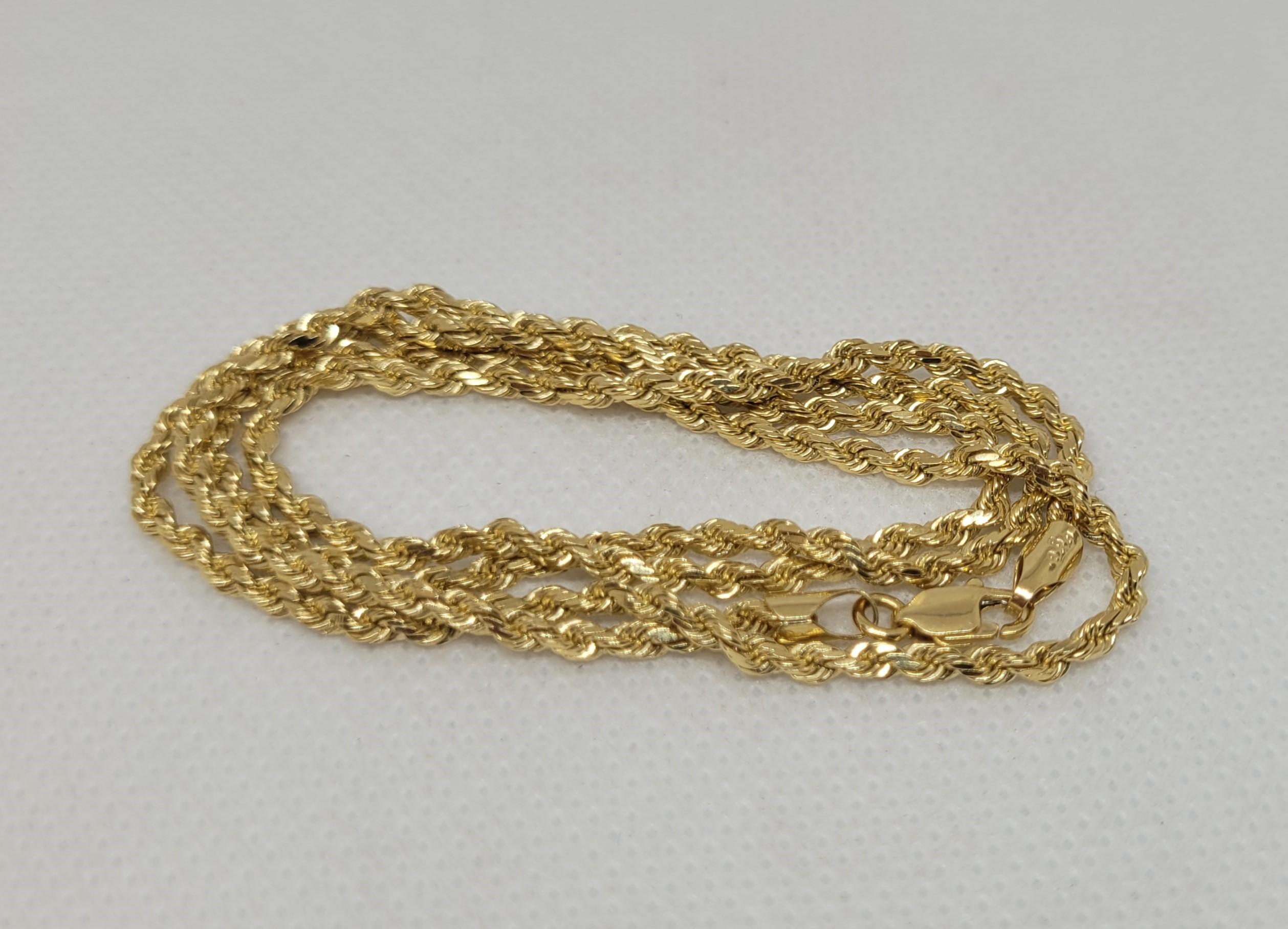 20 Inch 14kt Yellow Gold Rope Chain, 2.2mm, BBB Stamp, Lobster Clasp, 10 Grams In Good Condition In San Diego, CA