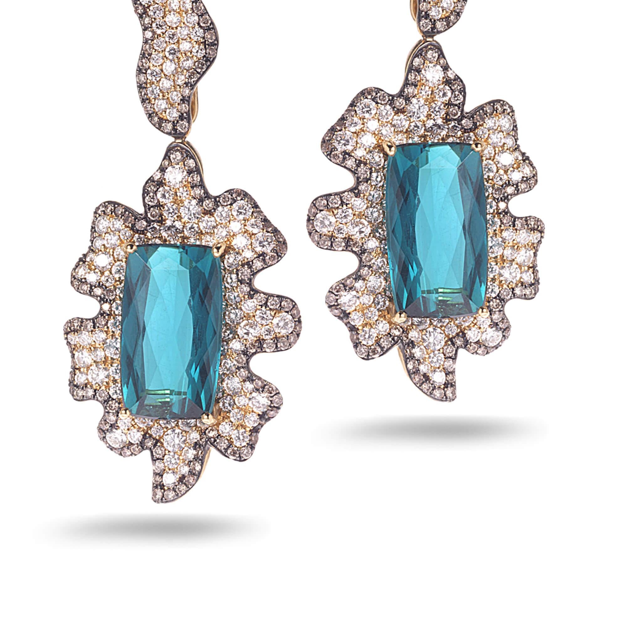 Emerald Cut 20 Karat Blue Tourmaline and Diamond Earrings For Sale