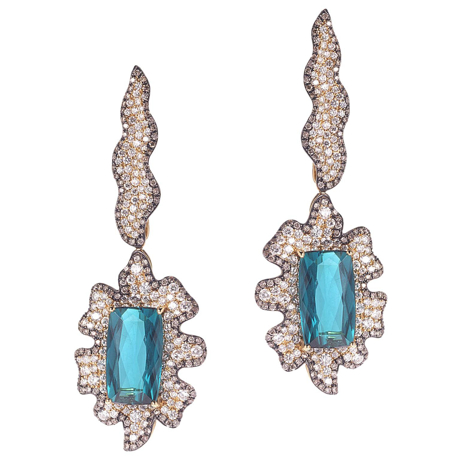 20 Karat Blue Tourmaline and Diamond Earrings