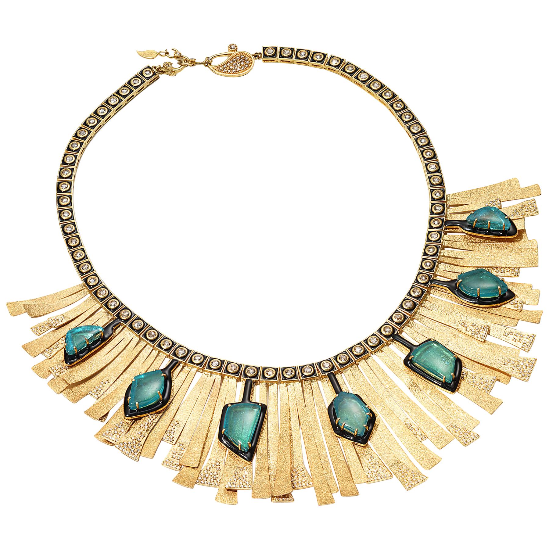 20 Karat Emerald and Diamond Sunburst Necklace For Sale
