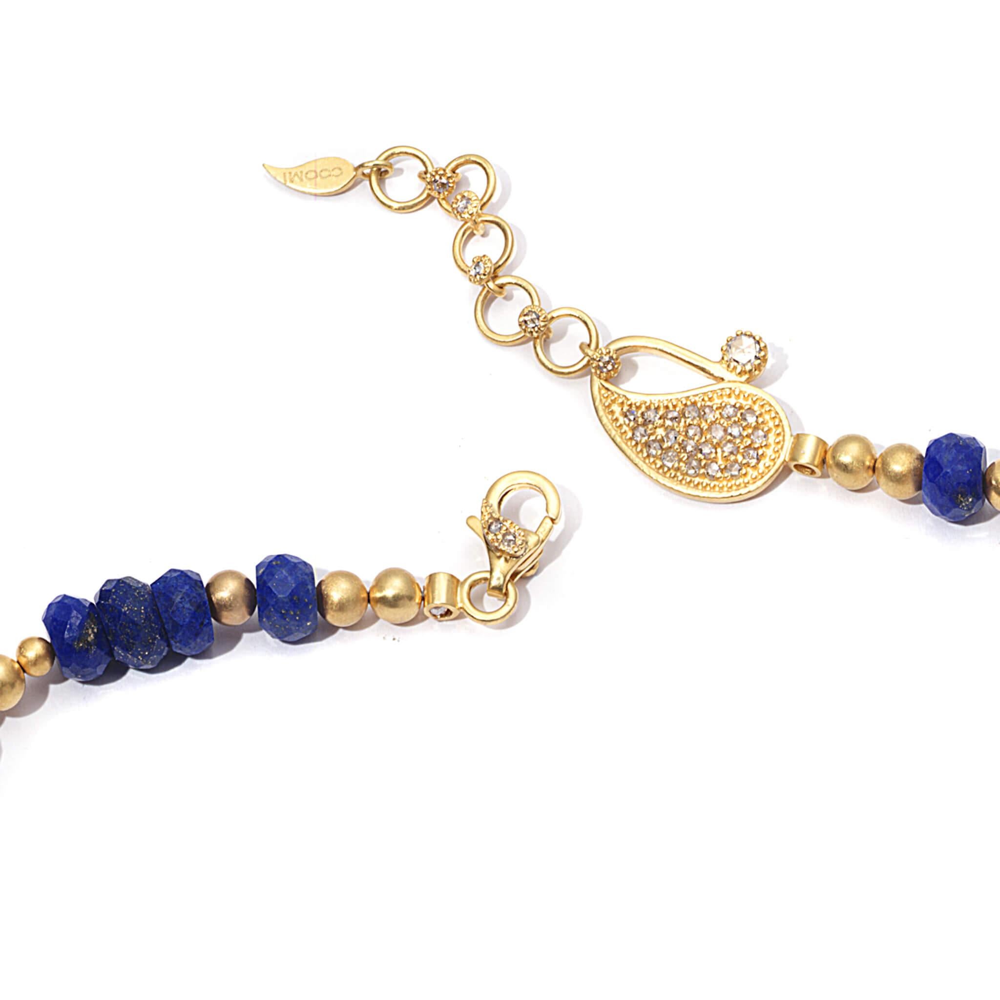 Affinity five sunsets necklace set in 20K yellow gold with 160.78cts multi-gemstone inlay, 78.22cts lapis beads, and 1.91cts diamond. Gemstone inlay includes opal, malachite, lapis, and onyx.
