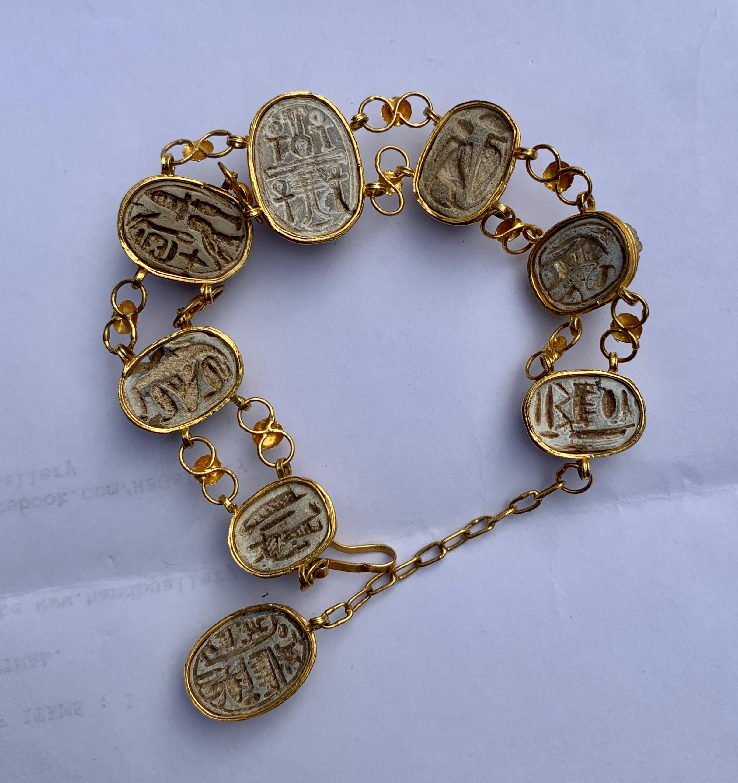 Women's 20 Karat Gold Scarab Beetle Bracelet Antique Egyptian Revival Hieroglyphics For Sale