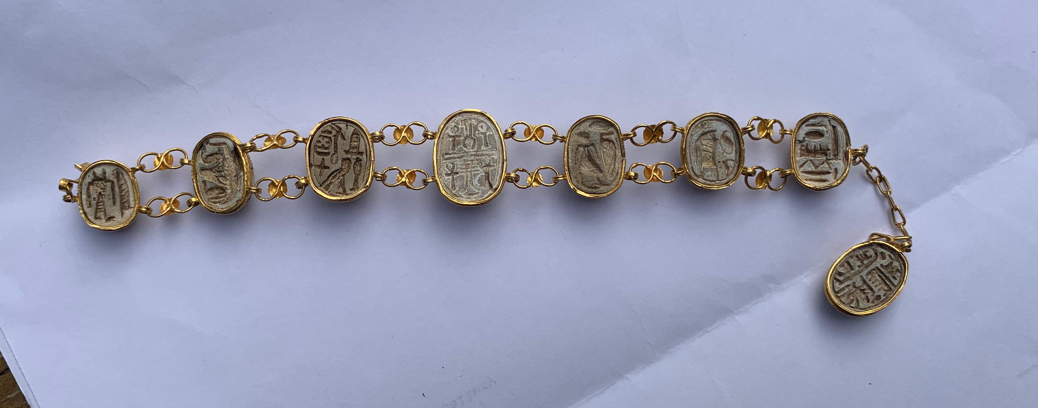 20 Karat Gold Scarab Beetle Bracelet Antique Egyptian Revival Hieroglyphics For Sale 1