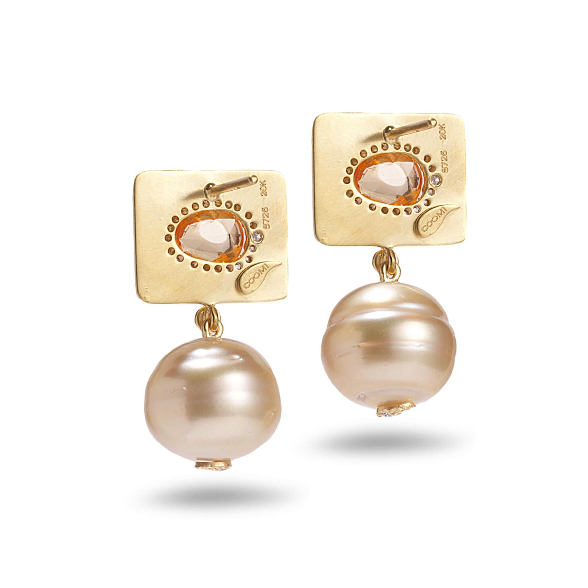 Affinity earrings set in 20K yellow gold with Golden South Sea pearl, 1.69cts orange sapphire, and 0.34cts diamond.
