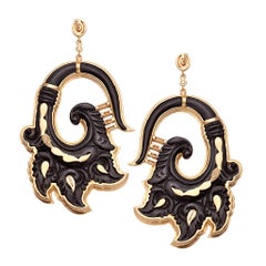 20 Karat Yellow Gold Ebony Wood Drop Earrings