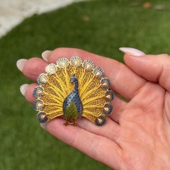 20 Karat Yellow Gold Enamel Vintage Peacock Brooch Pin