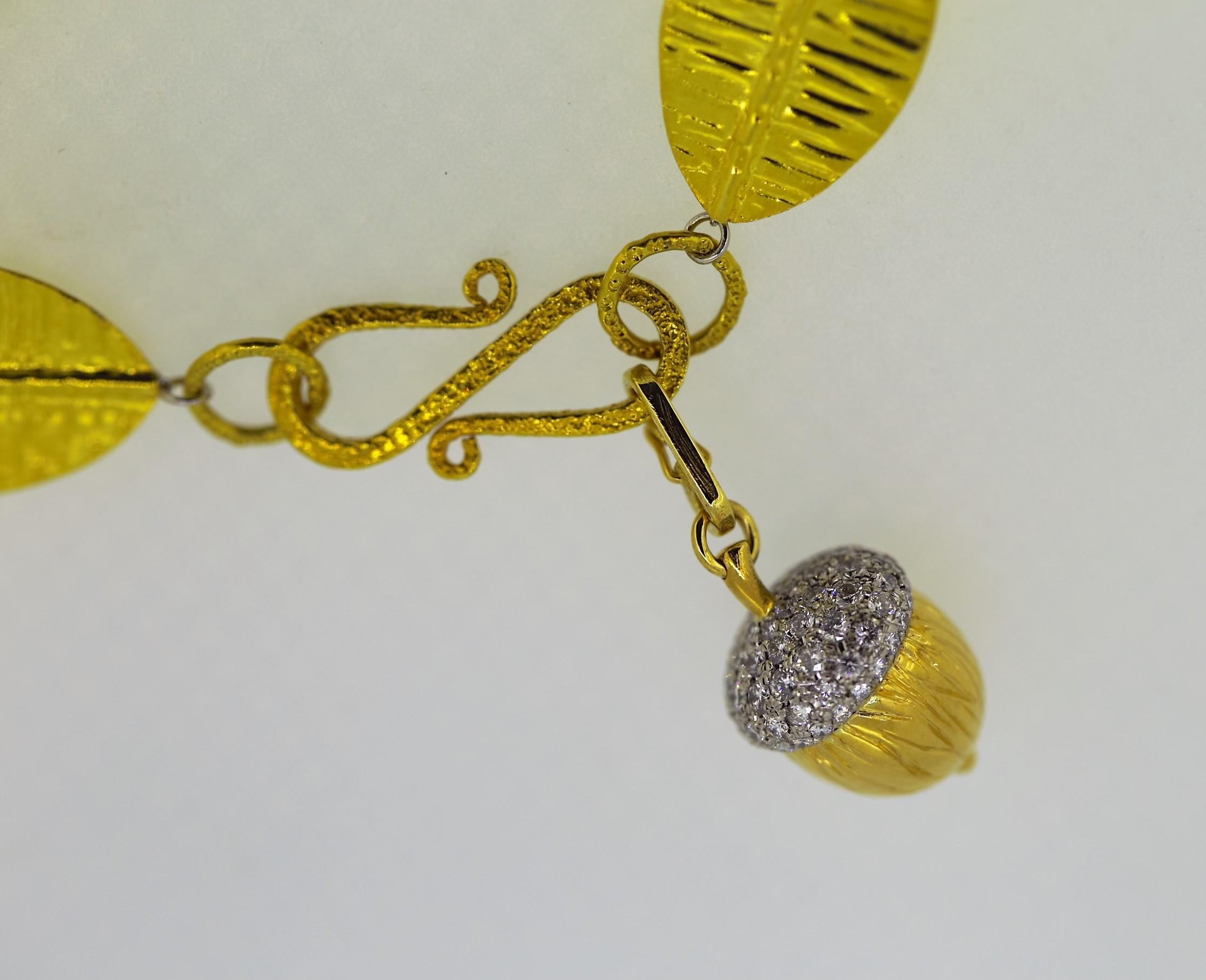 Modern Leaf Necklace with Diamond Acorn Charm in Yellow Gold