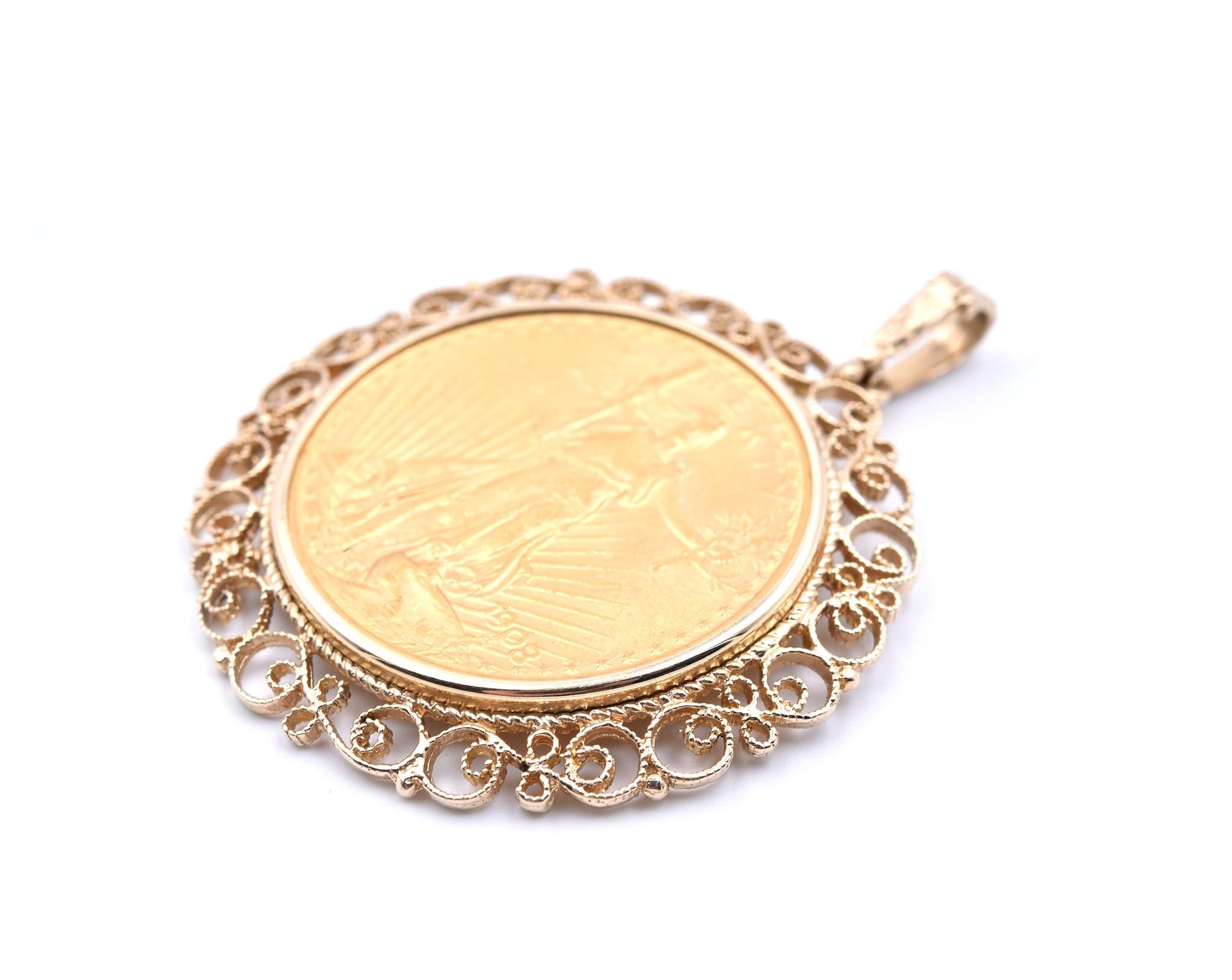 Designer: custom design
Material: 14k yellow gold bezel pendant
Dimensions: pendant is 59mm long with vail and has a circumference of 46.50mm
Weight:  42.87 grams
