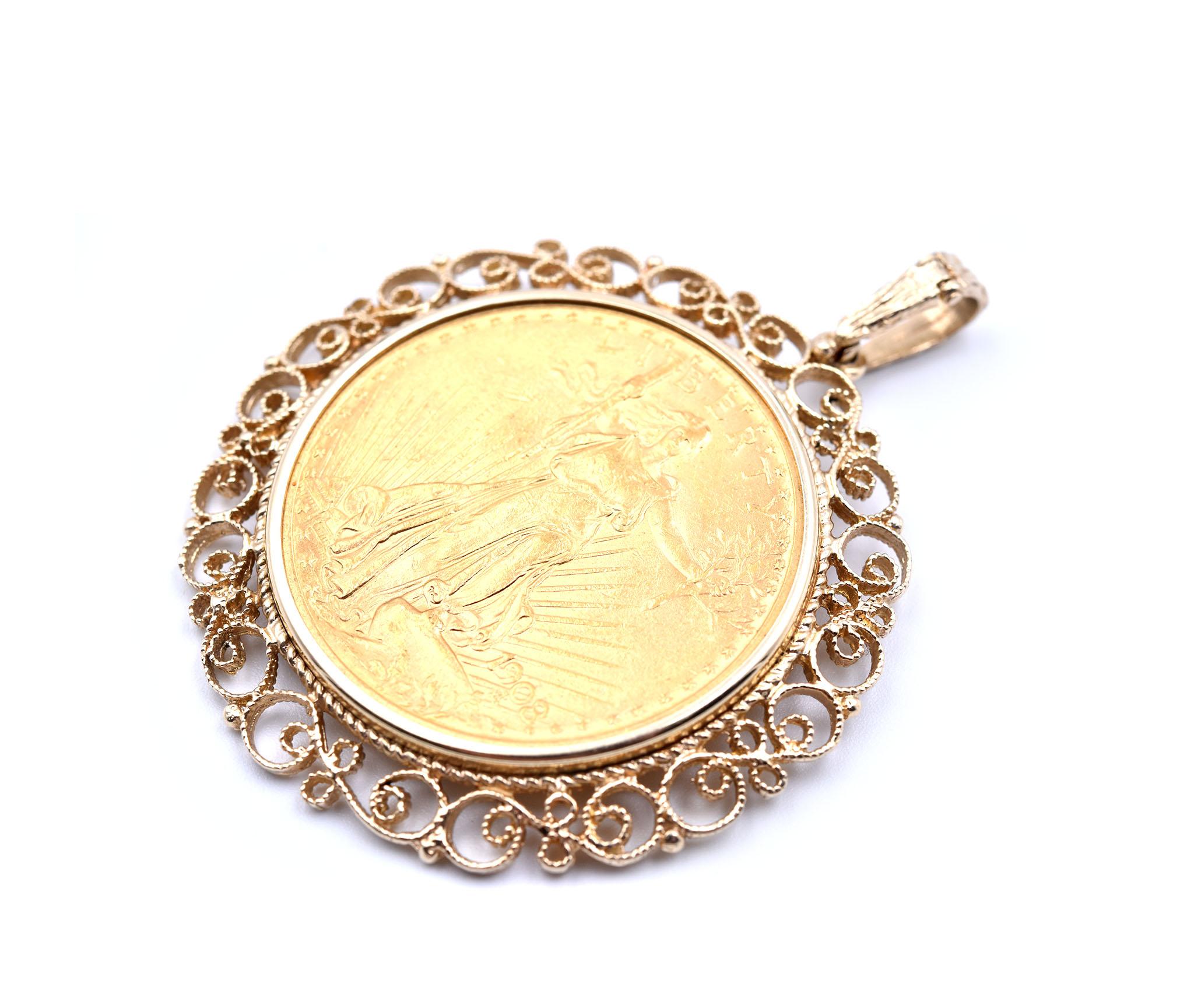 Liberty Coin with 14 Karat Yellow Bezel Pendant In Excellent Condition In Scottsdale, AZ