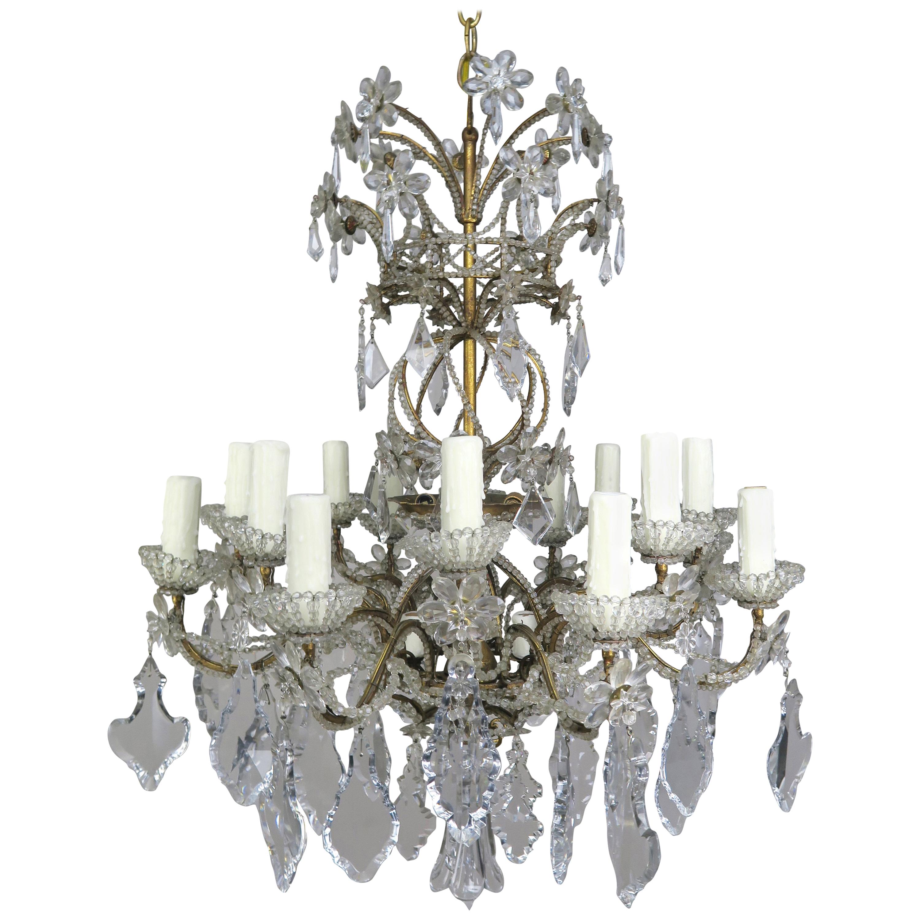 20-light Italian Crystal Beaded Chandelier with Crystal Flowers