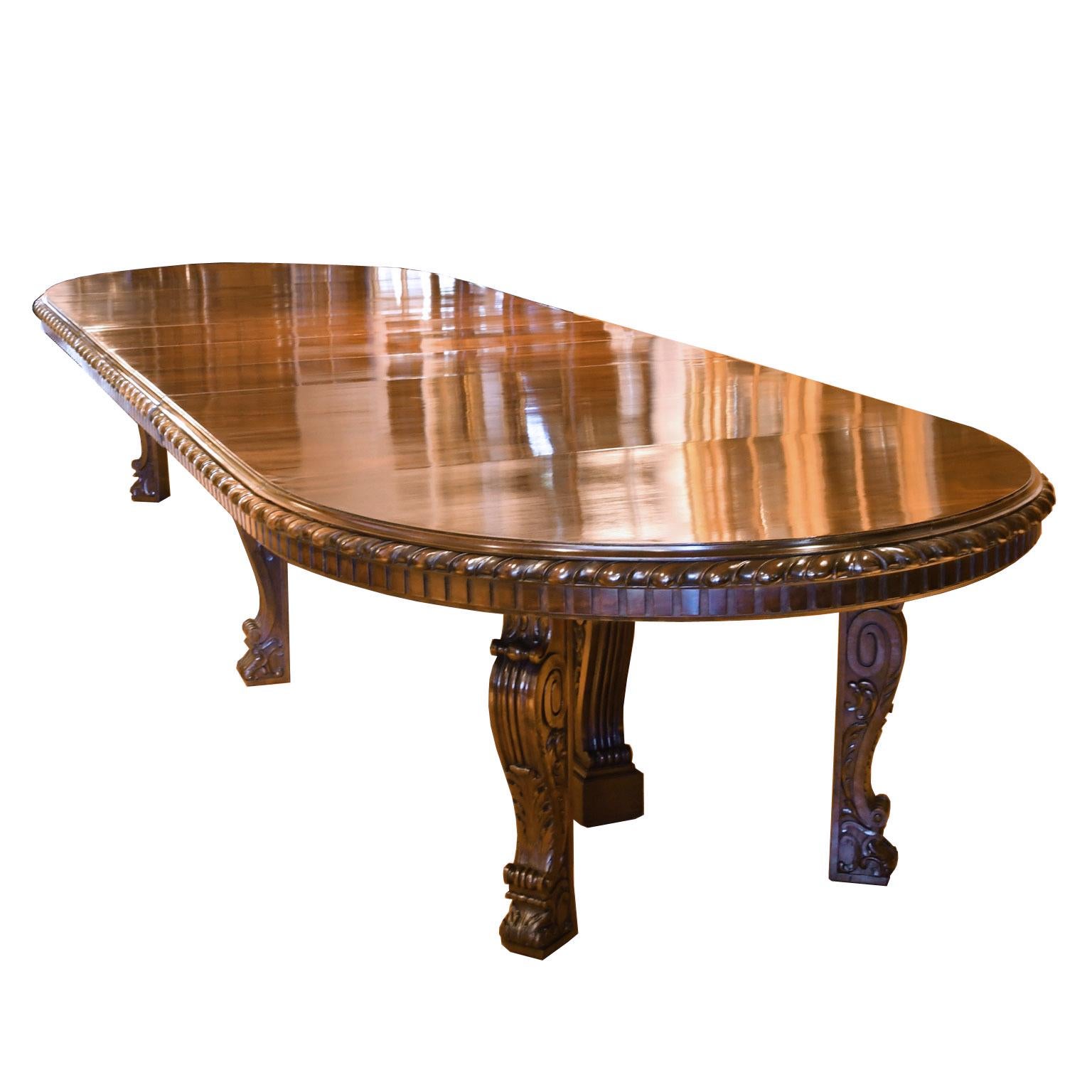 From the American Gilded Age, a magnificent extension dining table that measures 11 feet 10 inches at its smallest and opens to 19 feet 9 inches when fully extended. Made of a fine close-grain solid West Indies mahogany, it has well-articulated