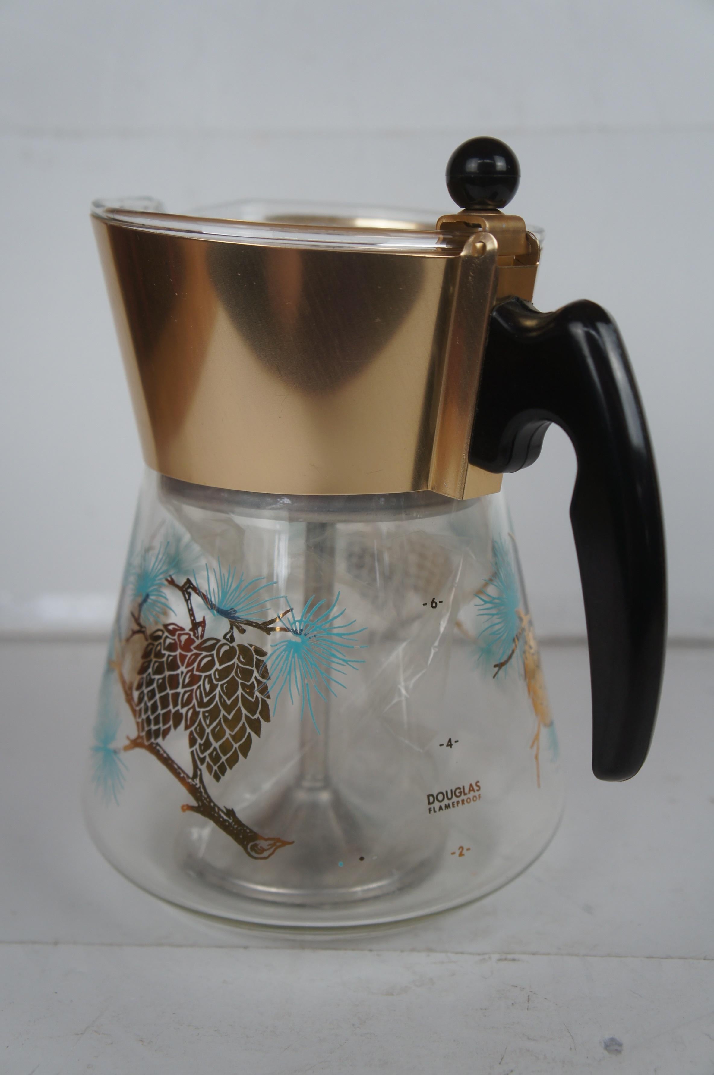 20 MCM Libbey Glass David Douglas Aqua Gold Pine Cone Coffee Tea Bar Drink Set 4