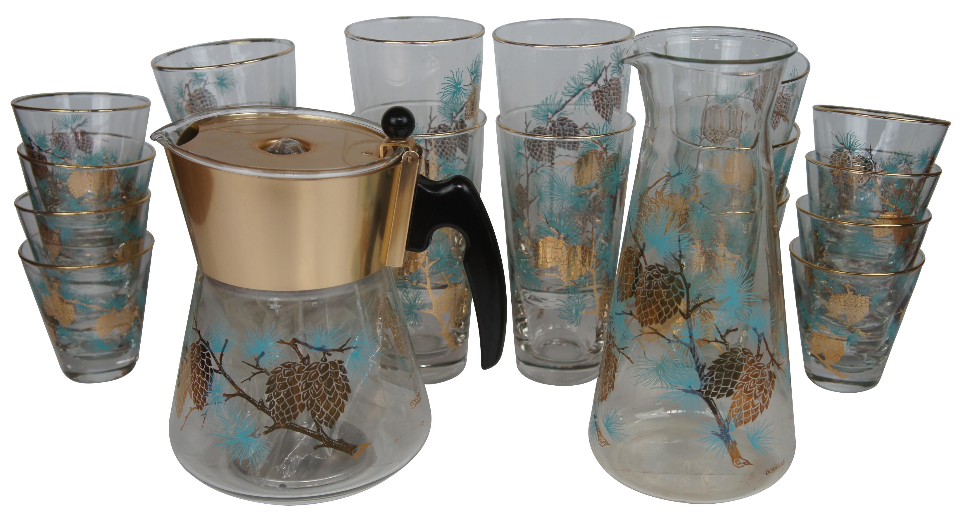 Mid century Libbey glass barware set by David Douglas featuring glasses in assorted sizes with a tea / coffee pot or percolator and pitcher decorated with aqua and gold pine cone and needle design.

pot- 7