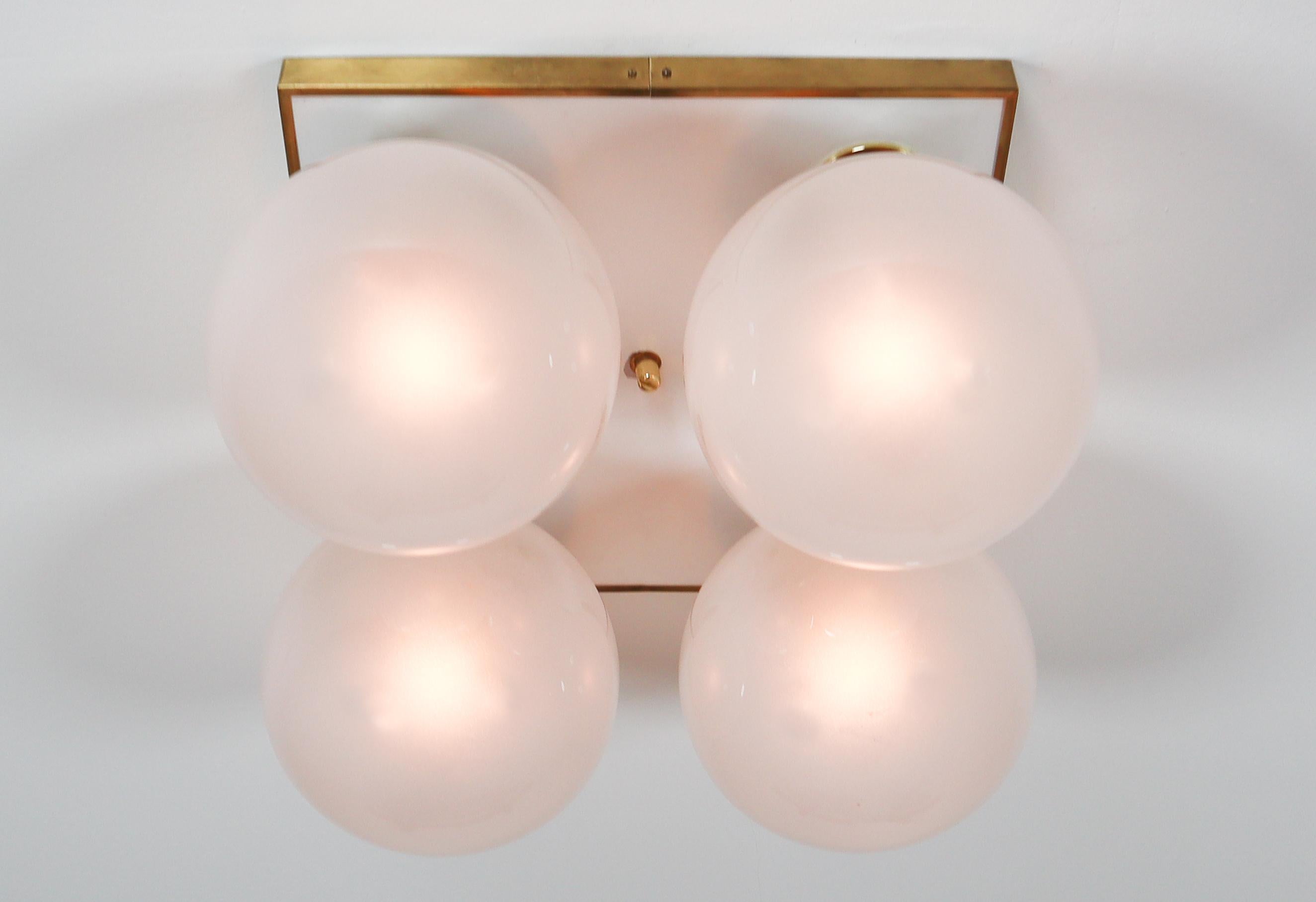 Mid-Century Modern Brass Ceiling Chandeliers with Four Pearl White Glass Globes For Sale 3