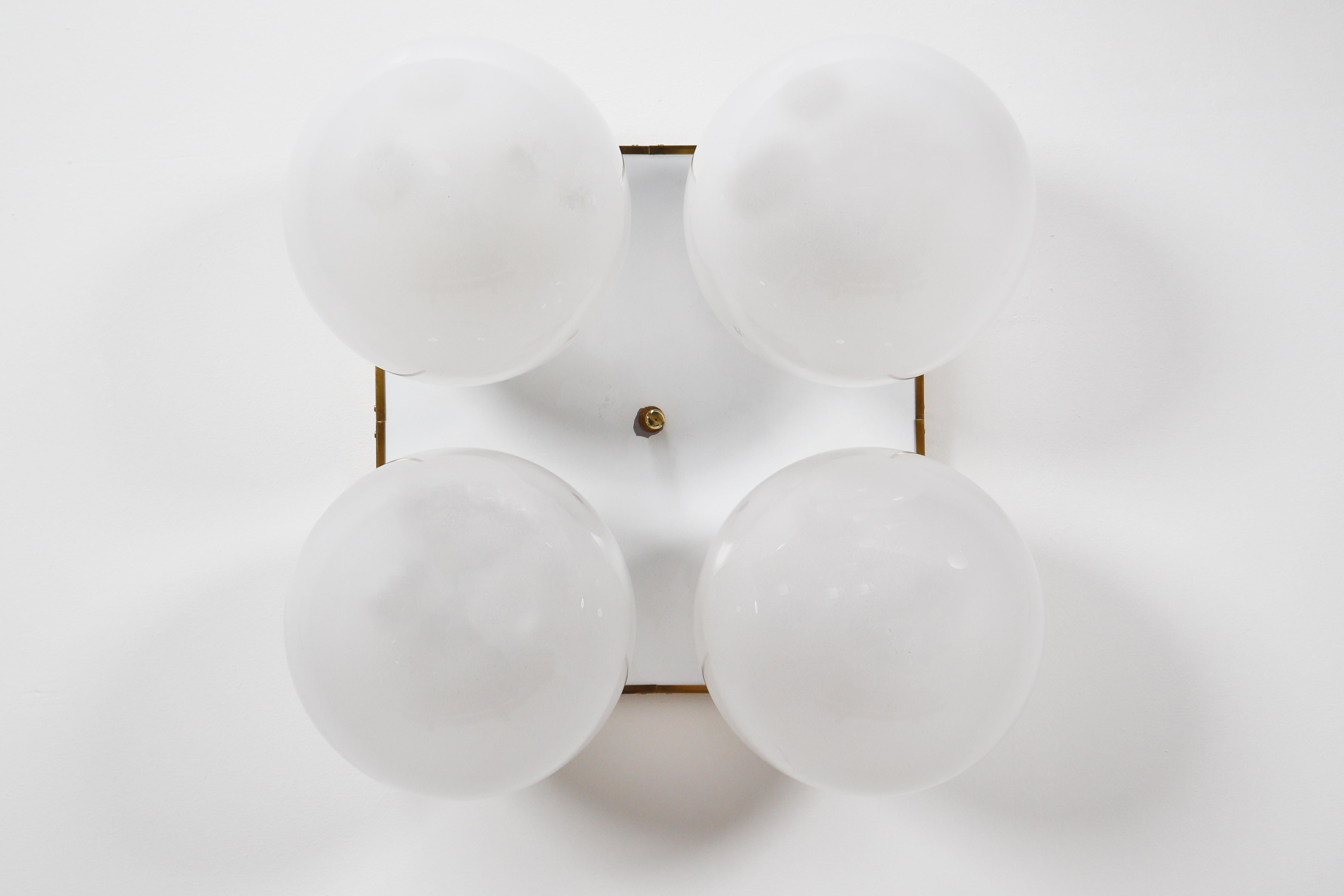 Mid-Century Modern Brass Ceiling Chandeliers with Four Pearl White Glass Globes For Sale 8