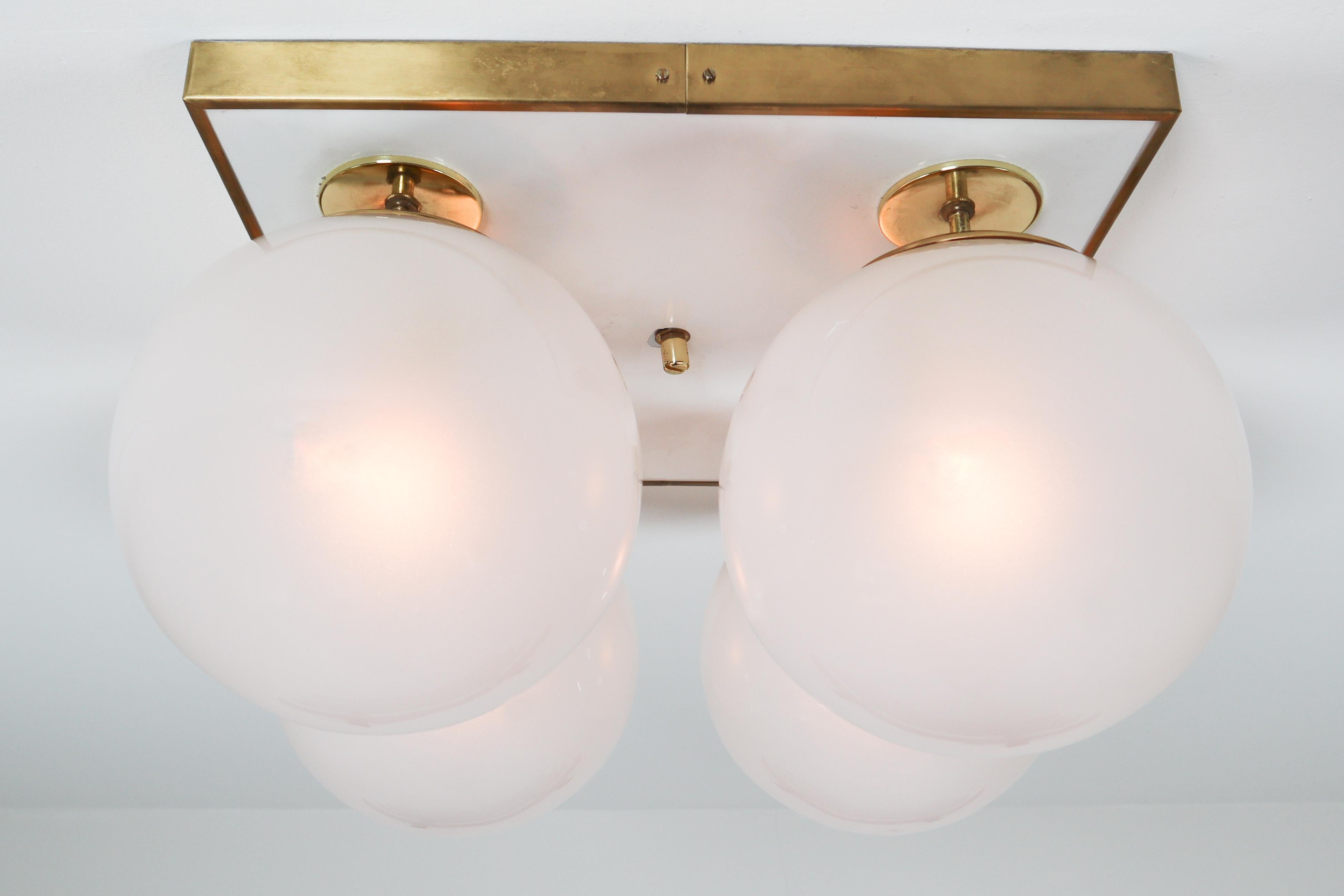 Mid-Century Modern Brass Ceiling Chandeliers with Four Pearl White Glass Globes For Sale 6