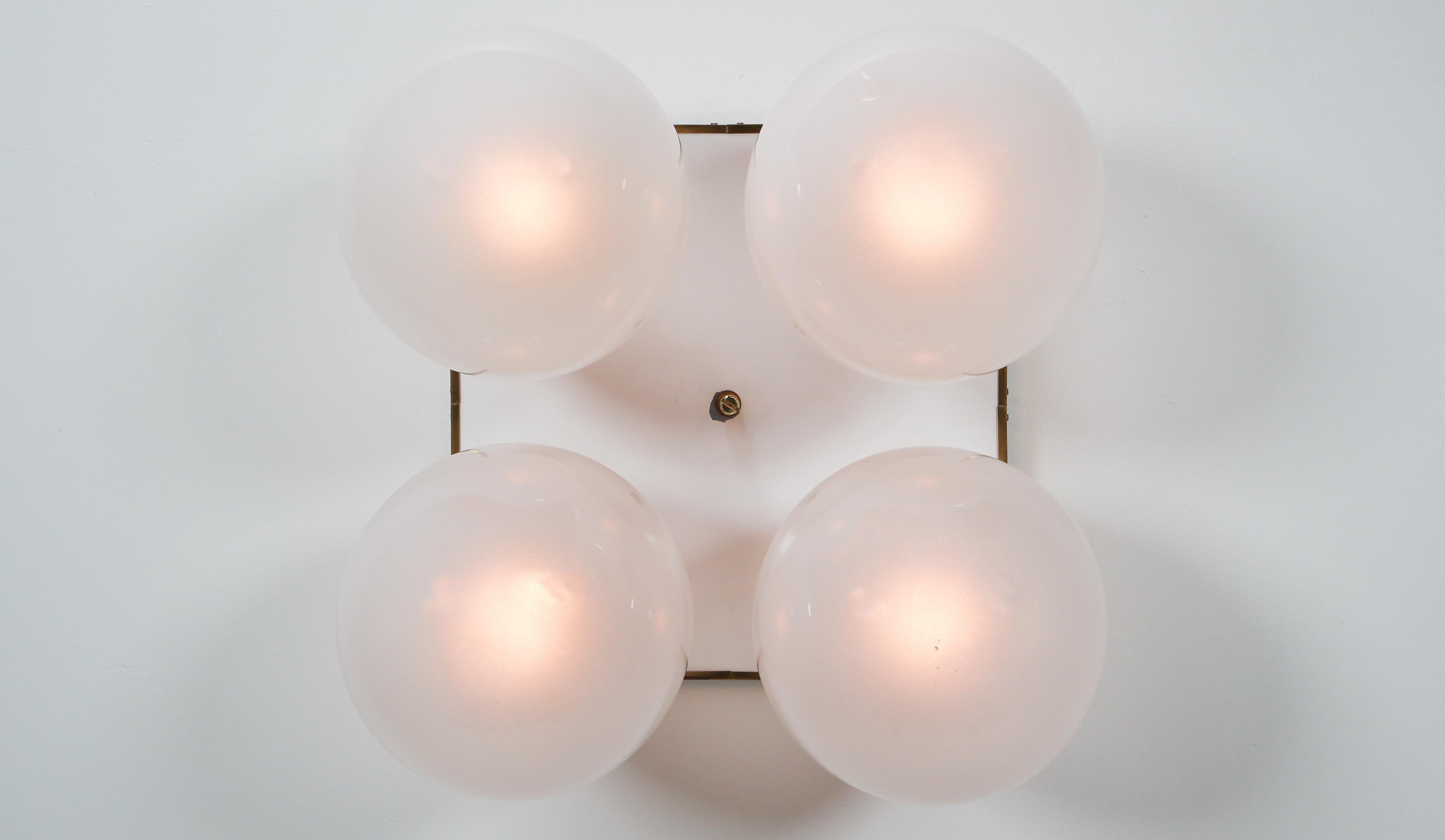 Mid-Century Modern Brass Ceiling Chandeliers with Four Pearl White Glass Globes For Sale 9