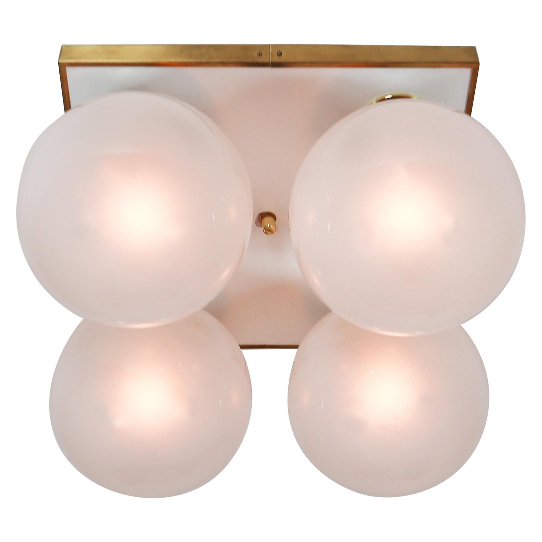 Mid-Century Modern Ceiling Chandeliers with Four Pearl White Glass Globes