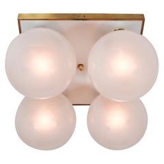 Vintage Mid-Century Modern Brass Ceiling Chandeliers with Four Pearl White Glass Globes