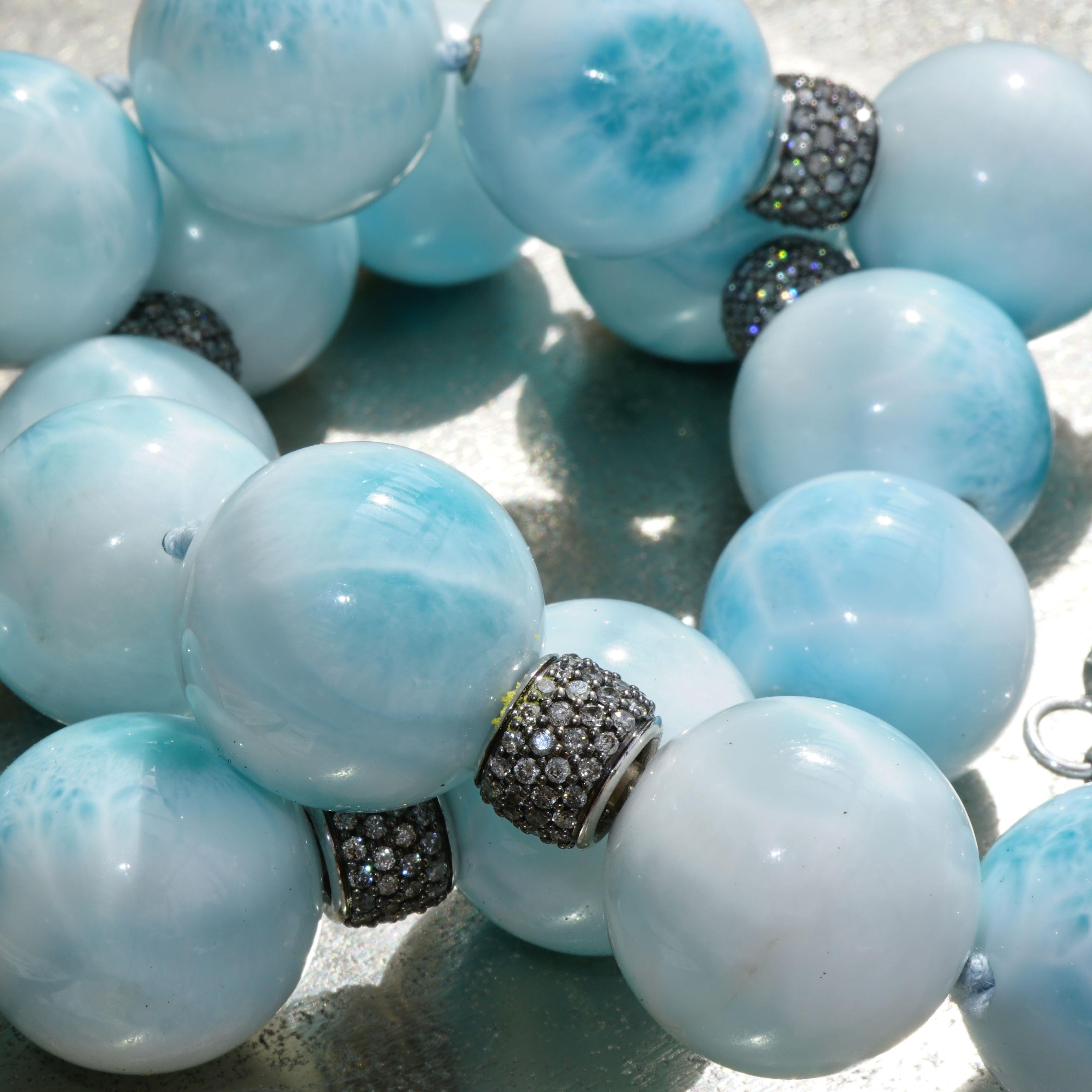 AAA+ Larimar Ball Necklace with 5.63 Carat Grey Diamonds sky-blue Cloudy Beauty  For Sale 5