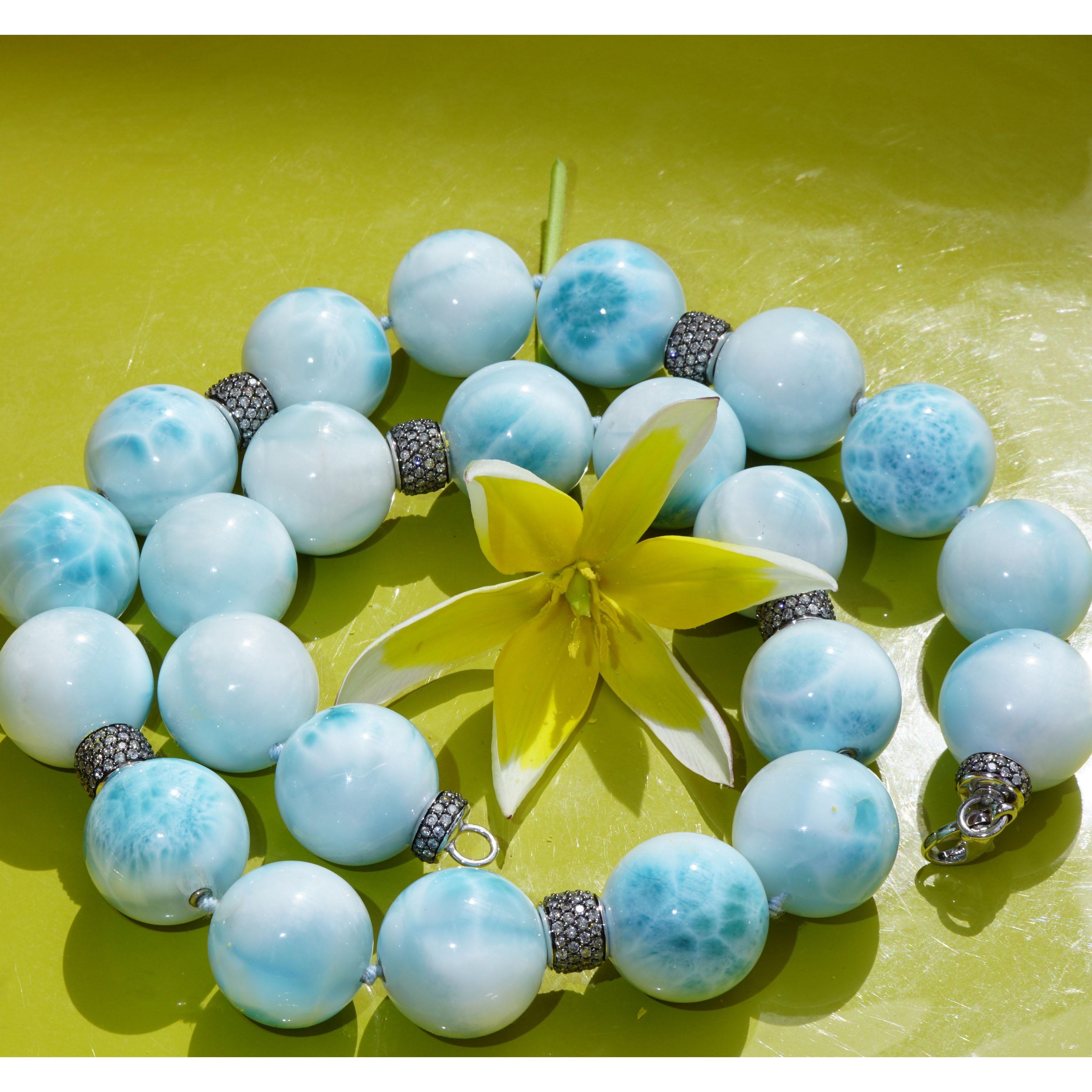 Modern AAA+ Larimar Ball Necklace with 5.63 Carat Grey Diamonds sky-blue Cloudy Beauty  For Sale