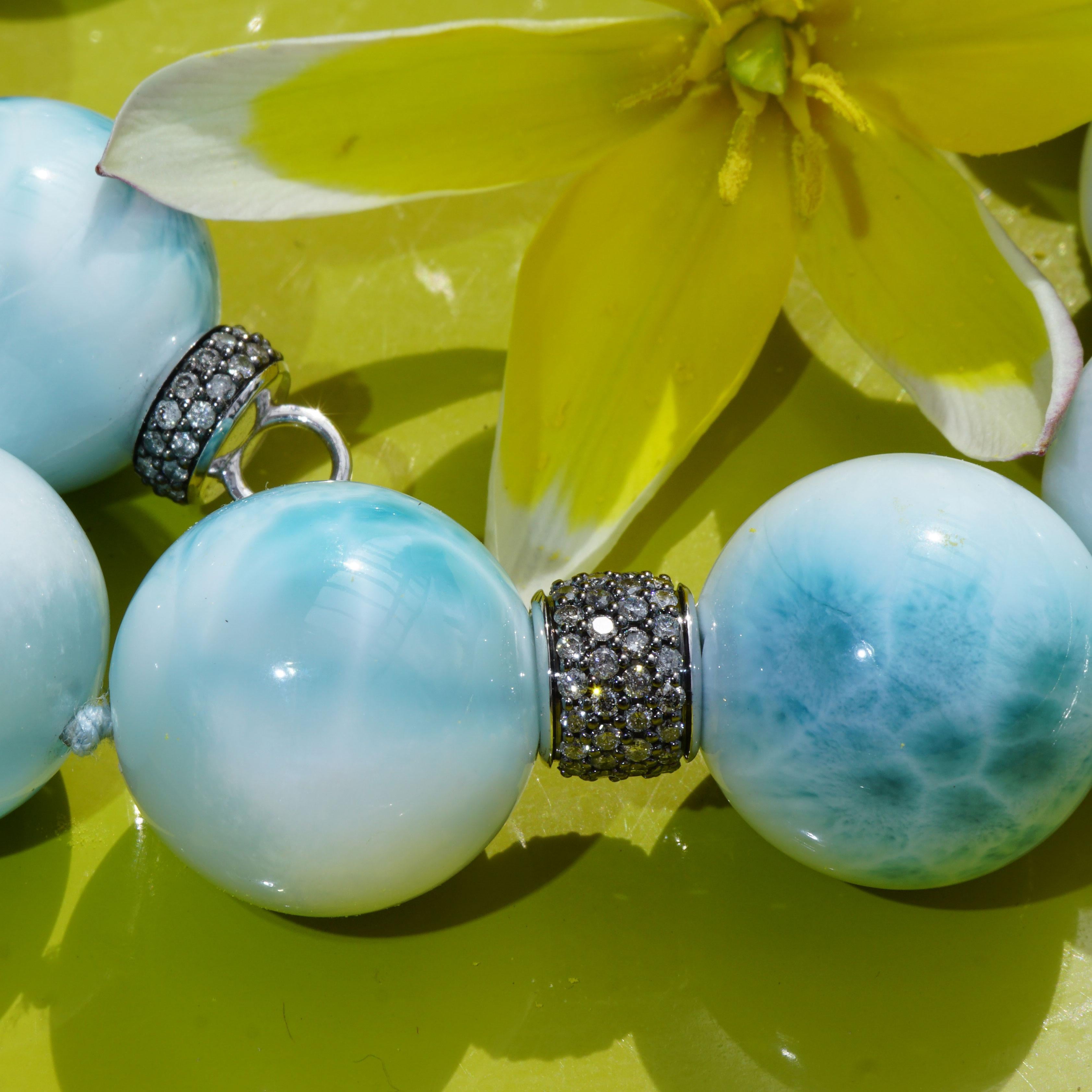 Brilliant Cut AAA+ Larimar Ball Necklace with 5.63 Carat Grey Diamonds sky-blue Cloudy Beauty  For Sale