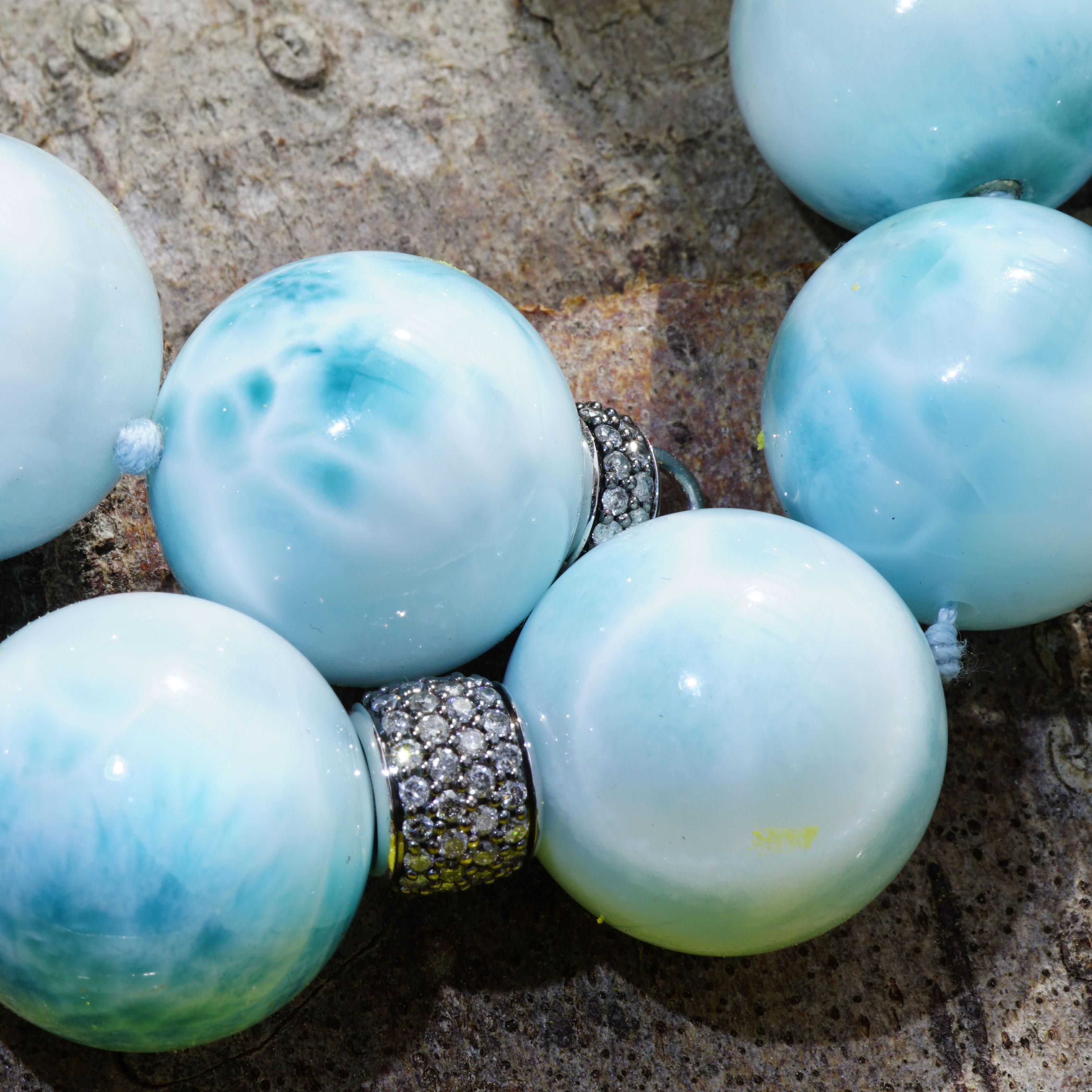 Brilliant Cut AAA+ Larimar Ball Necklace with 5.63 Carat Grey Diamonds sky-blue Cloudy Beauty For Sale