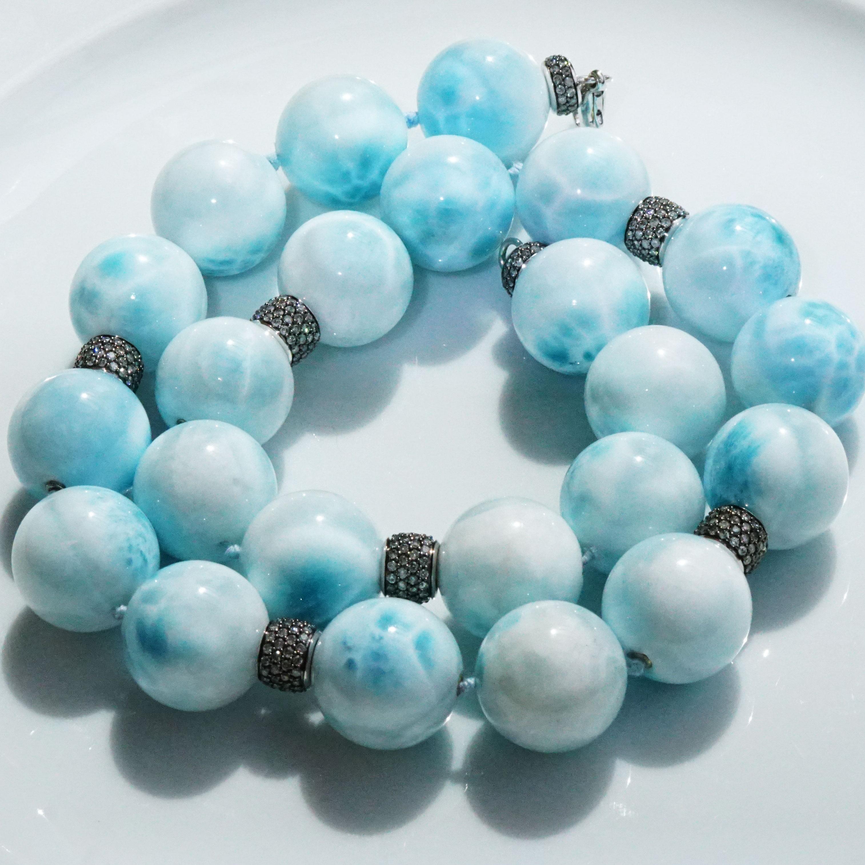 AAA+ Larimar Ball Necklace with 5.63 Carat Grey Diamonds sky-blue Cloudy Beauty In New Condition For Sale In Viena, Viena