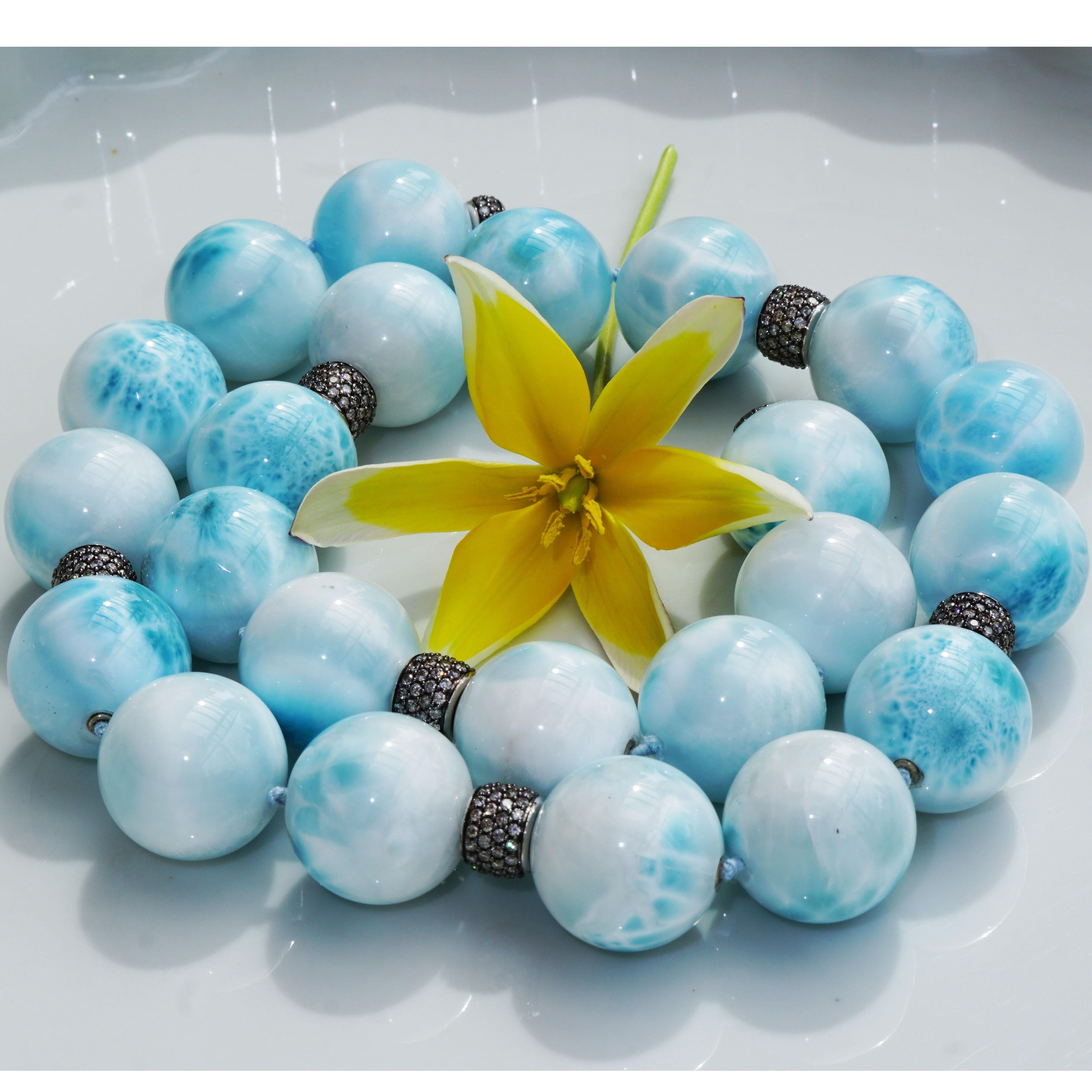 AAA+ Larimar Ball Necklace with 5.63 Carat Grey Diamonds sky-blue Cloudy Beauty  For Sale 1