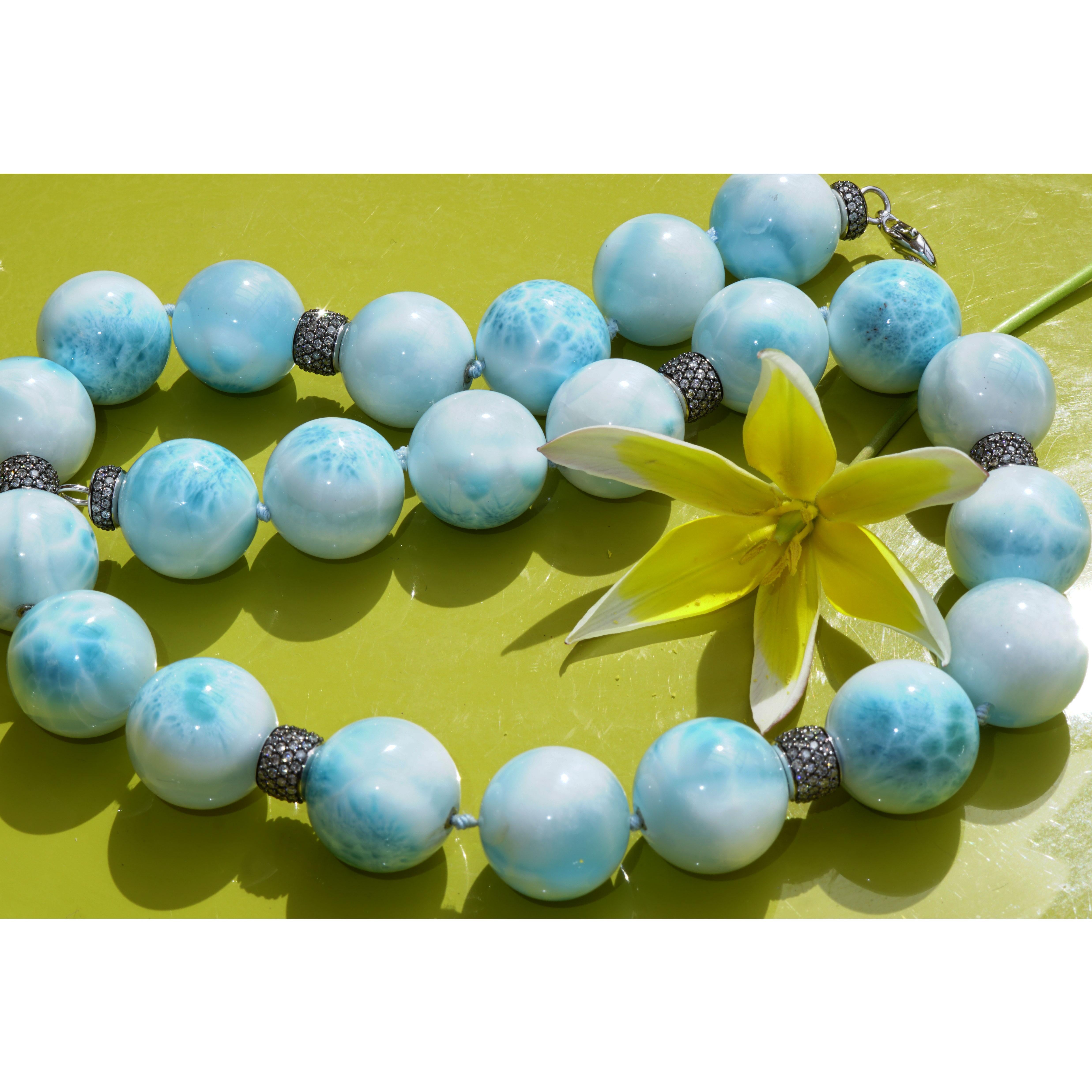 AAA+ Larimar Ball Necklace with 5.63 Carat Grey Diamonds sky-blue Cloudy Beauty  For Sale 2