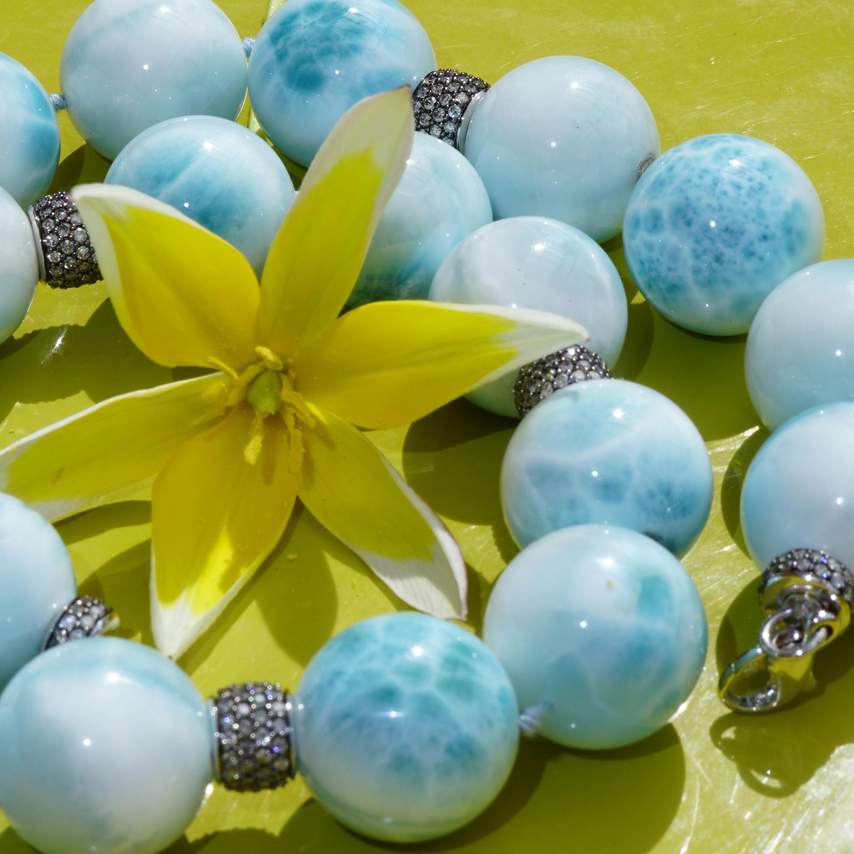 AAA+ Larimar Ball Necklace with 5.63 Carat Grey Diamonds sky-blue Cloudy Beauty For Sale 2