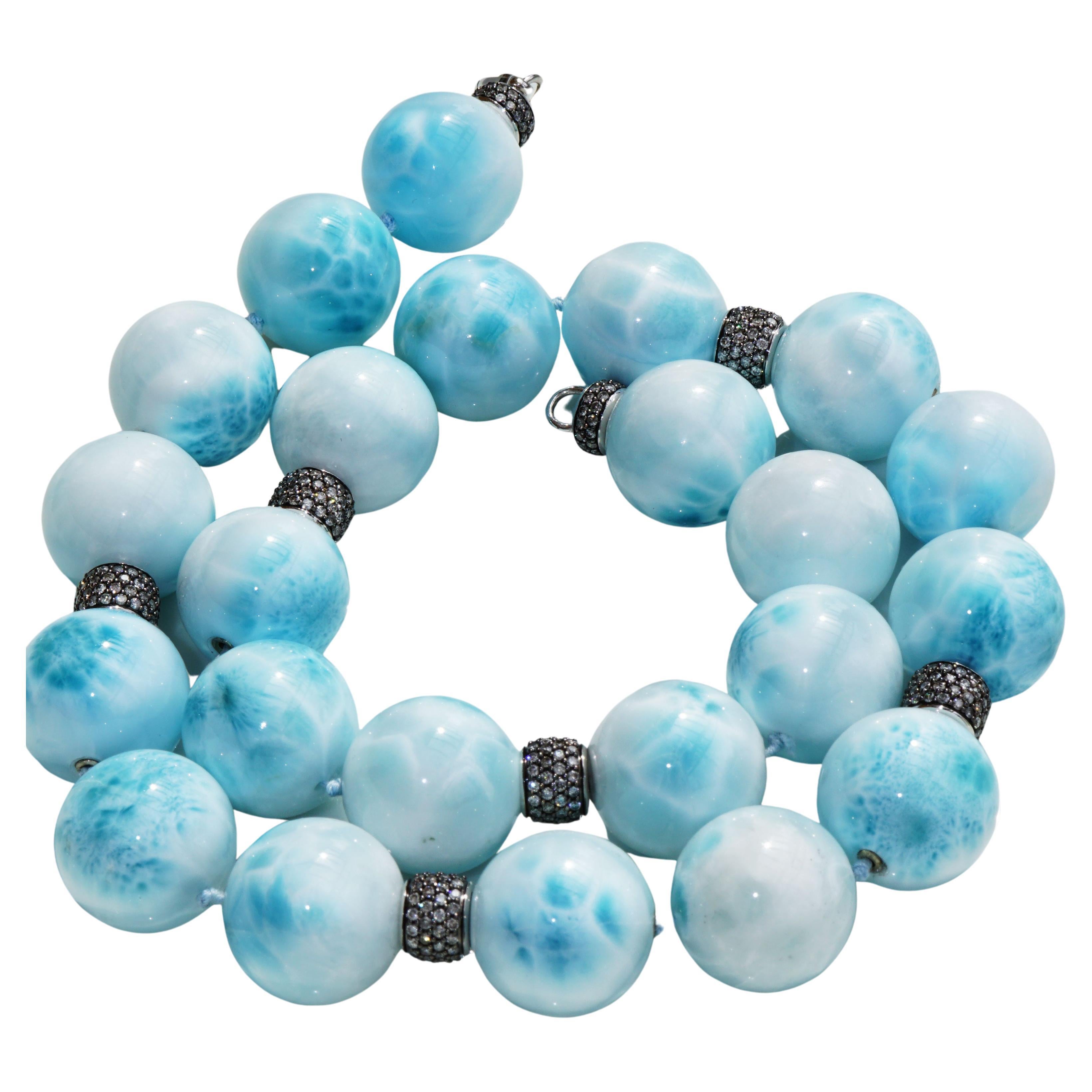 AAA+ Larimar Ball Necklace with 5.63 Carat Grey Diamonds sky-blue Cloudy Beauty  For Sale