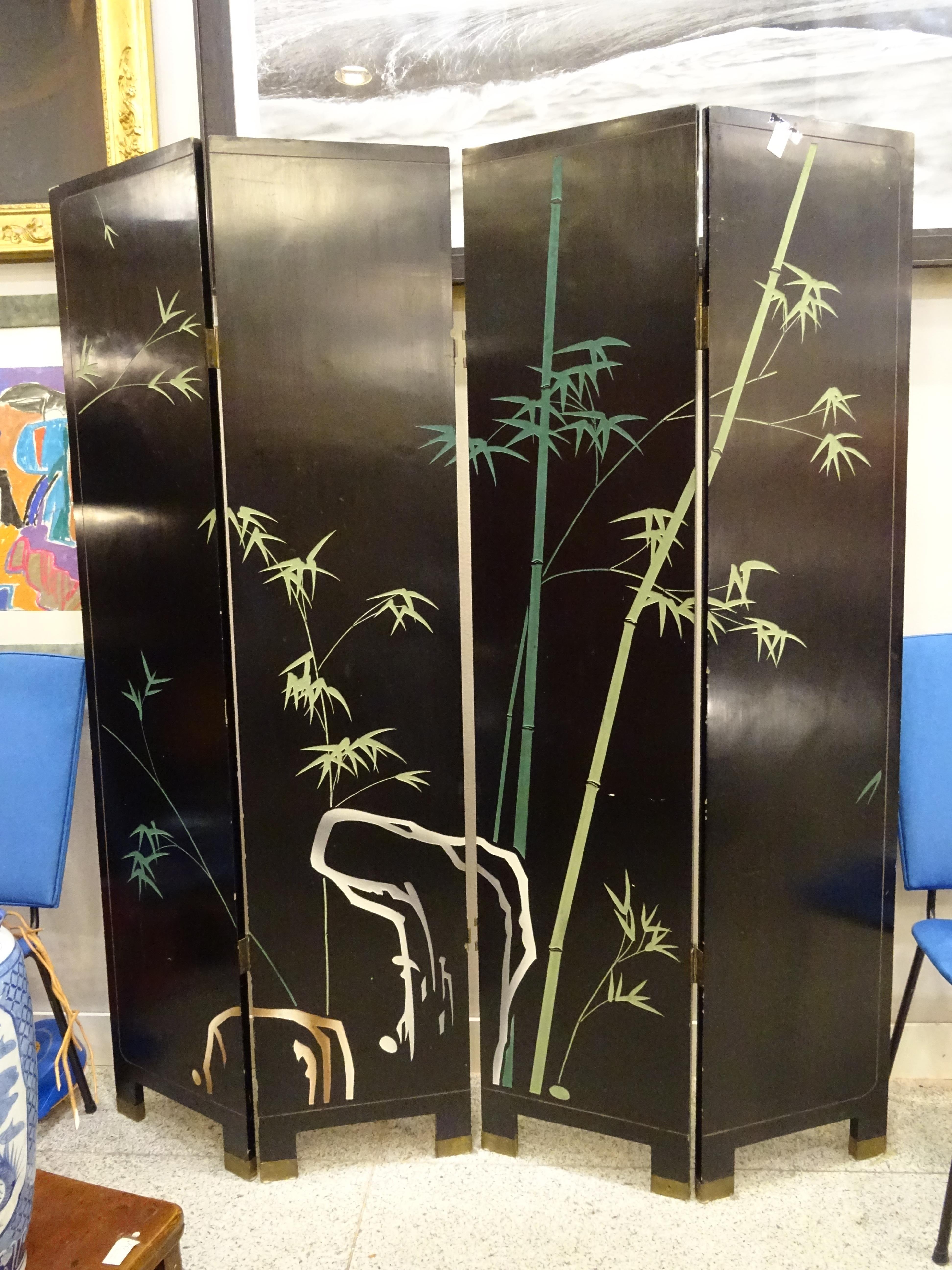 Gold Leaf 20th Century Black and Gold Lacquered Screen, 4 Leaves, Harrods, London