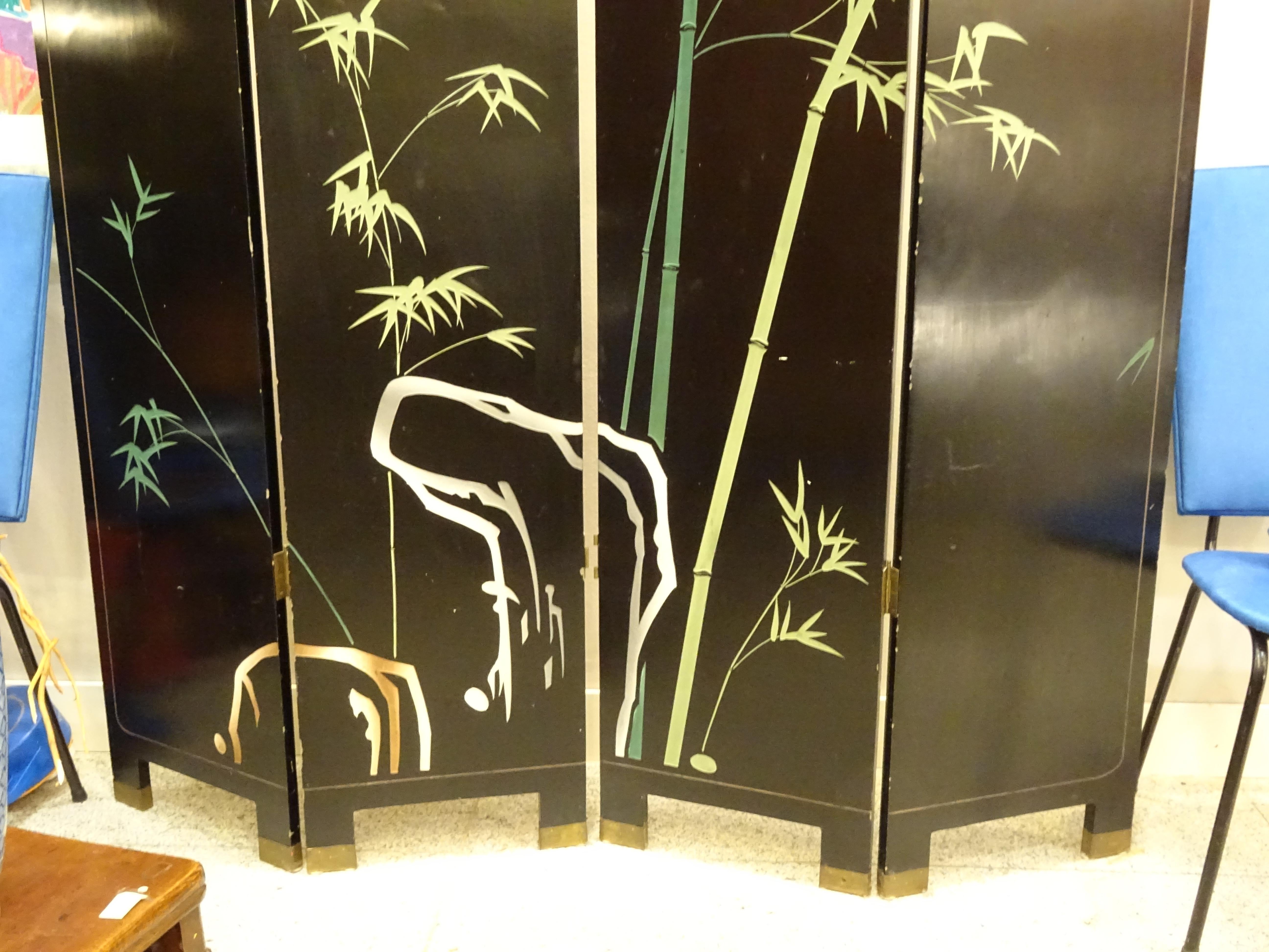 20th Century Black and Gold Lacquered Screen, 4 Leaves, Harrods, London 1