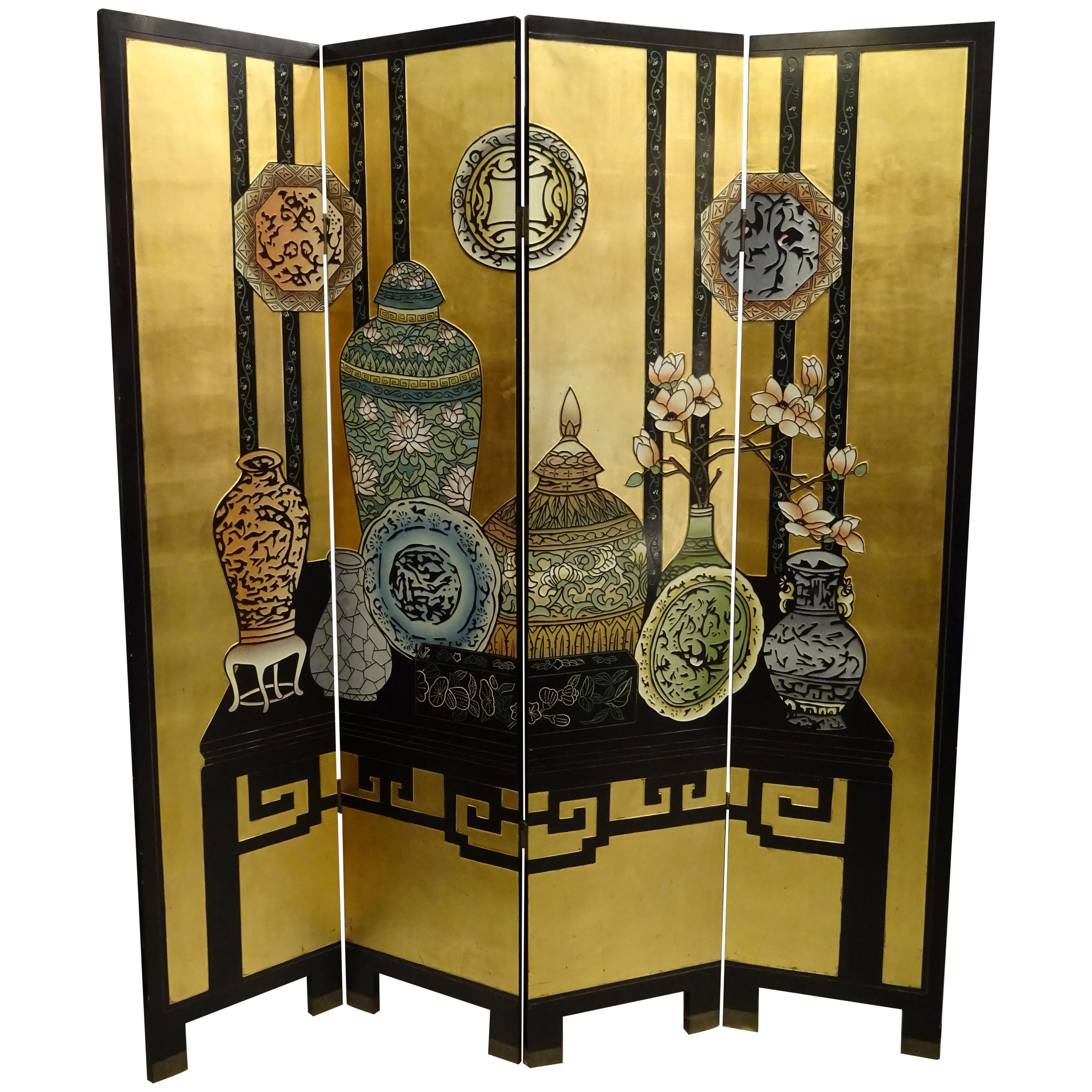 20th Century Black and Gold Lacquered Screen, 4 Leaves, Harrods, London