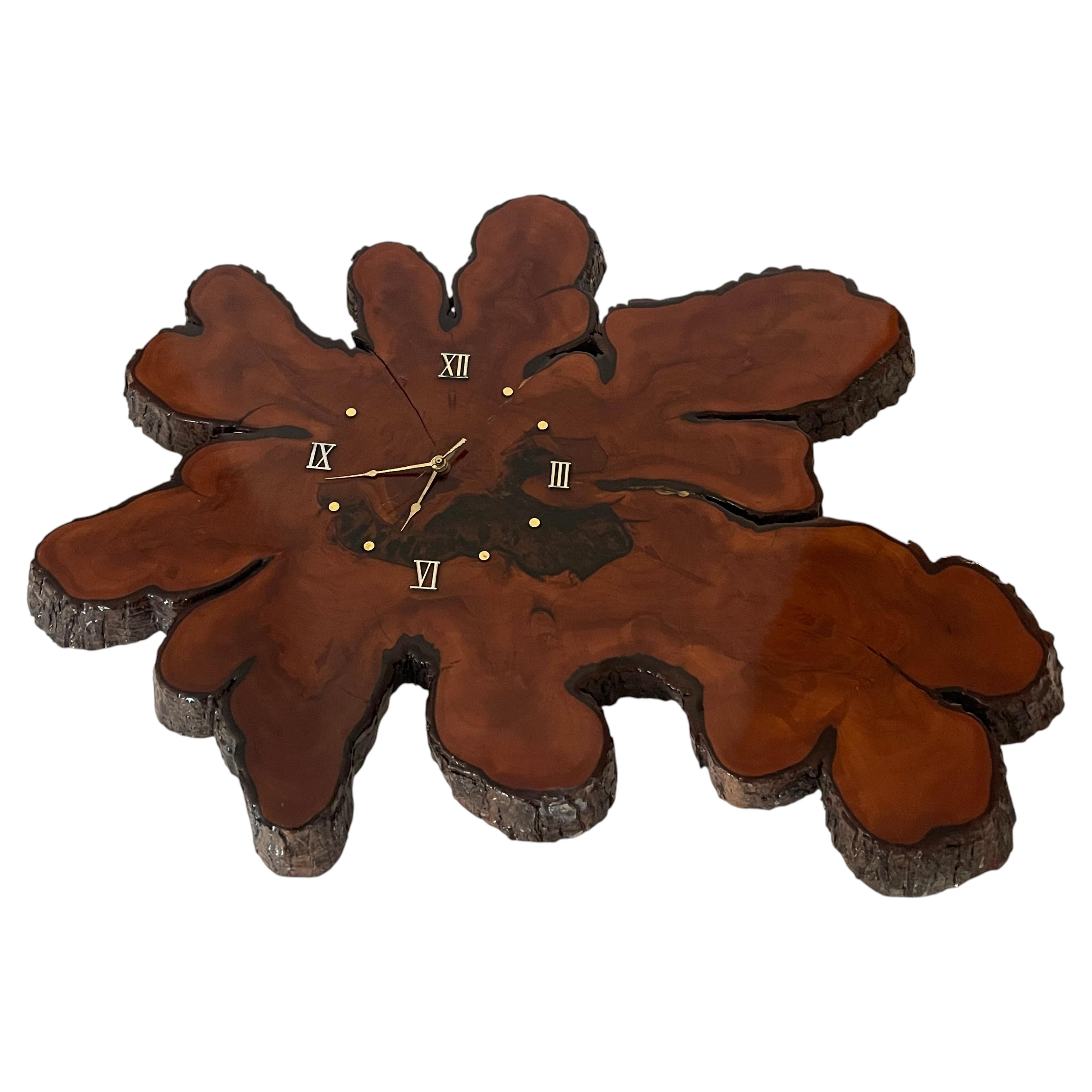 20 th c Large Redwood Slab Wall Clock For Sale