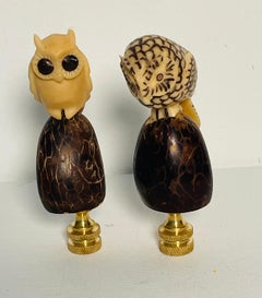 20 th c Pair of Carved Owl Figurines as Lamp Finials