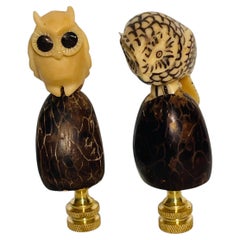 20 th c Pair of Carved Owl Figurines as Lamp Finials